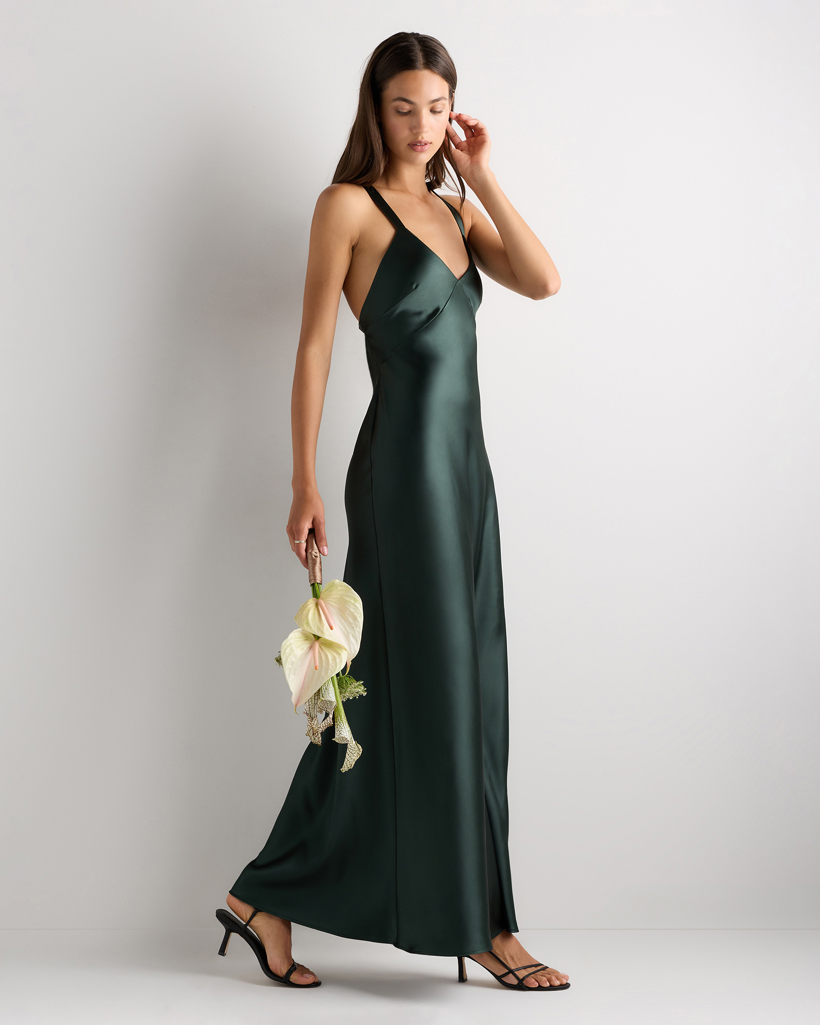 Bianca Stretch Satin Dress in Forest Green