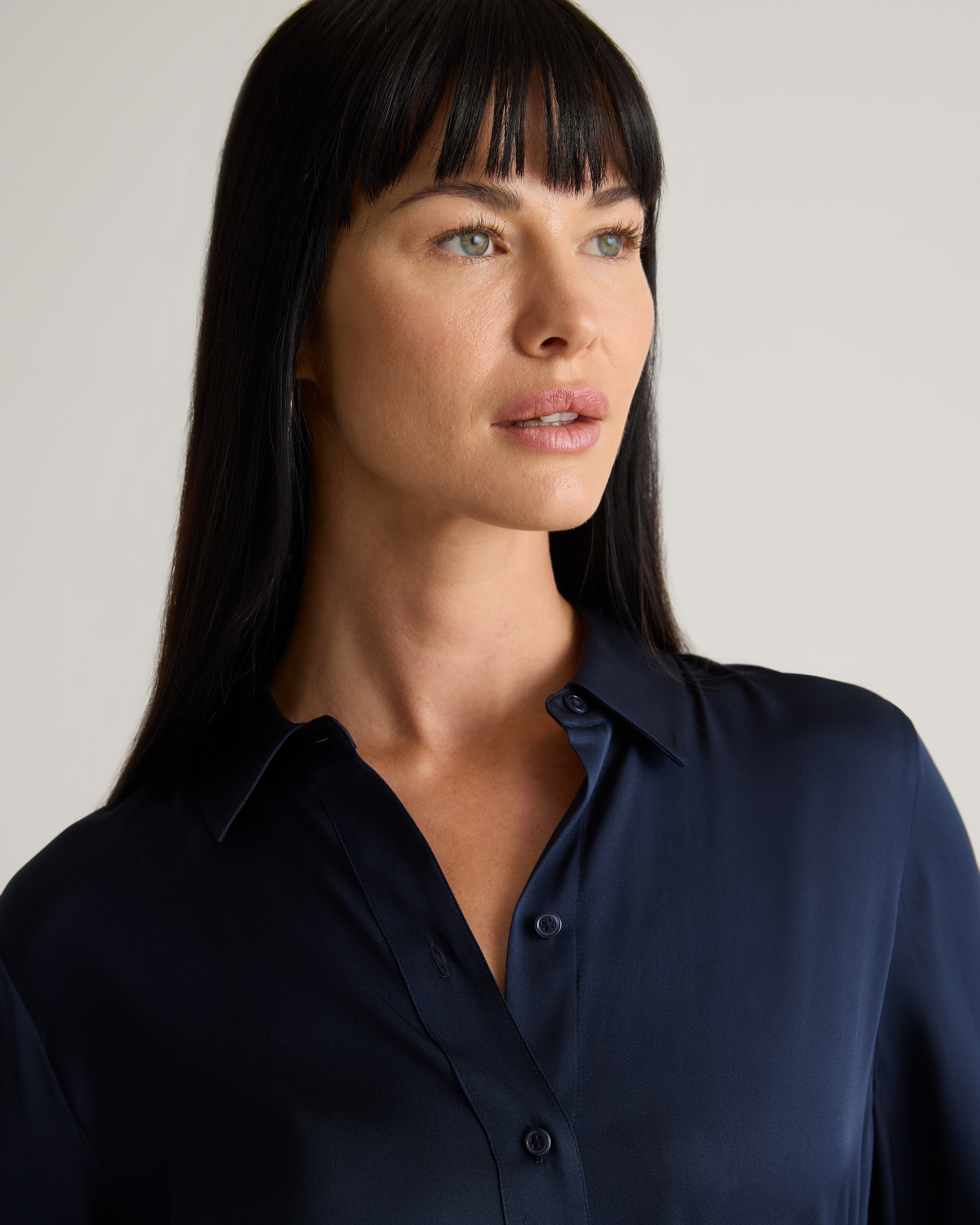 ★WOERA★ Maxi Shirt Dress Navy Blue N1054NAVYBLUE Washable Stretch Silk Maxi Shirt Dress in Navy