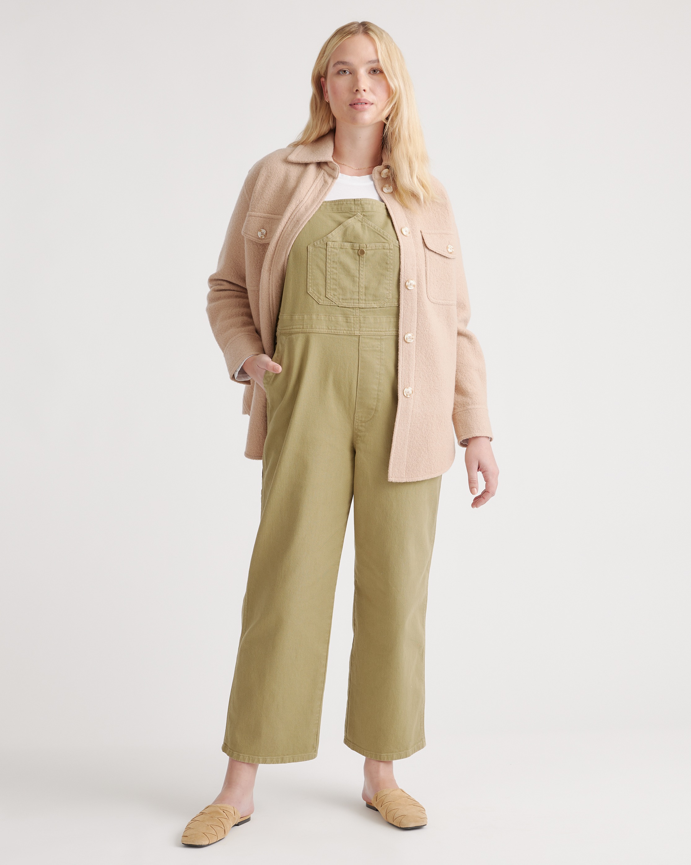 Organic Stretch Cotton Twill Relaxed Overalls in Olive display picture 1