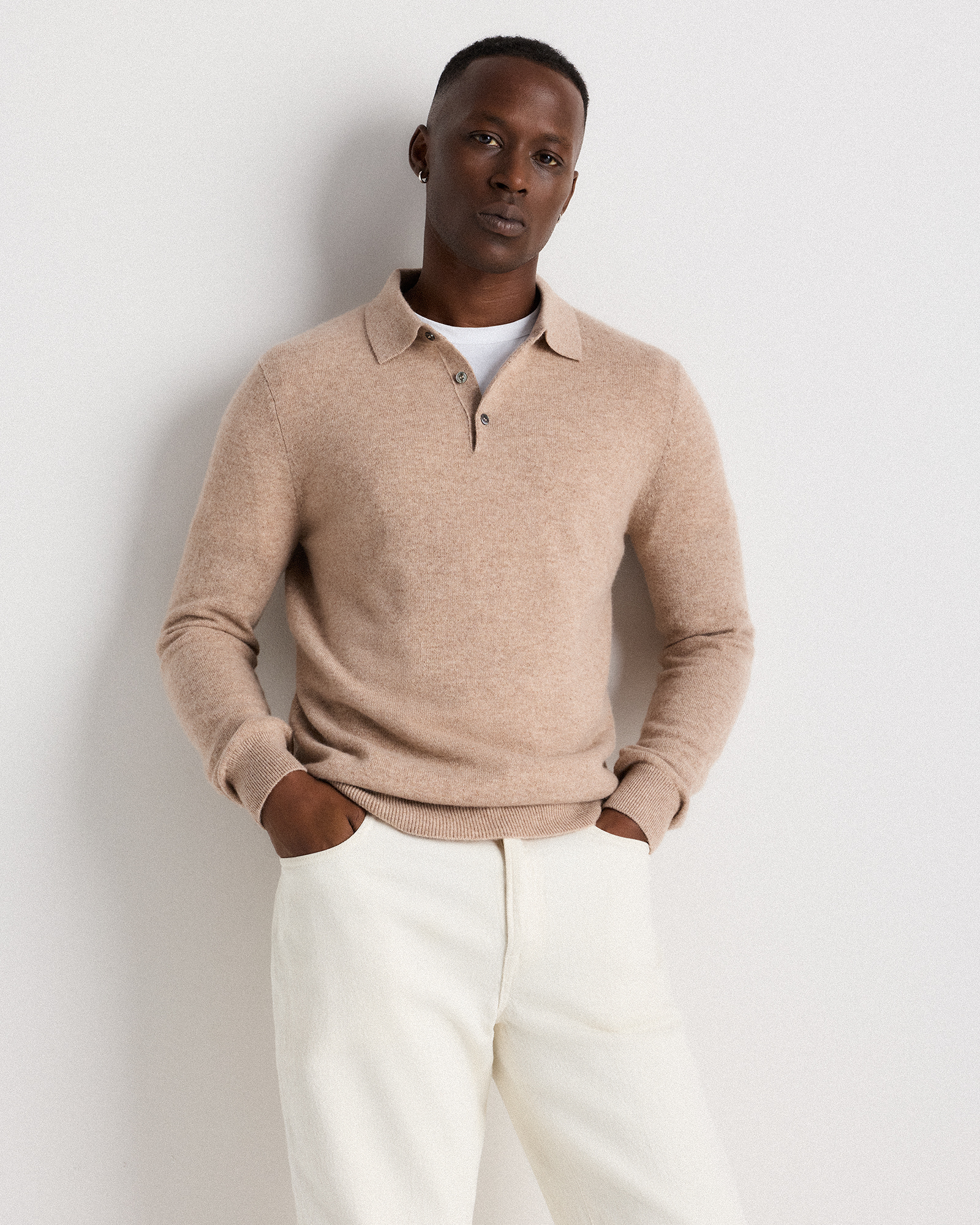 Mongolian Cashmere Polo Sweater in Oatmeal