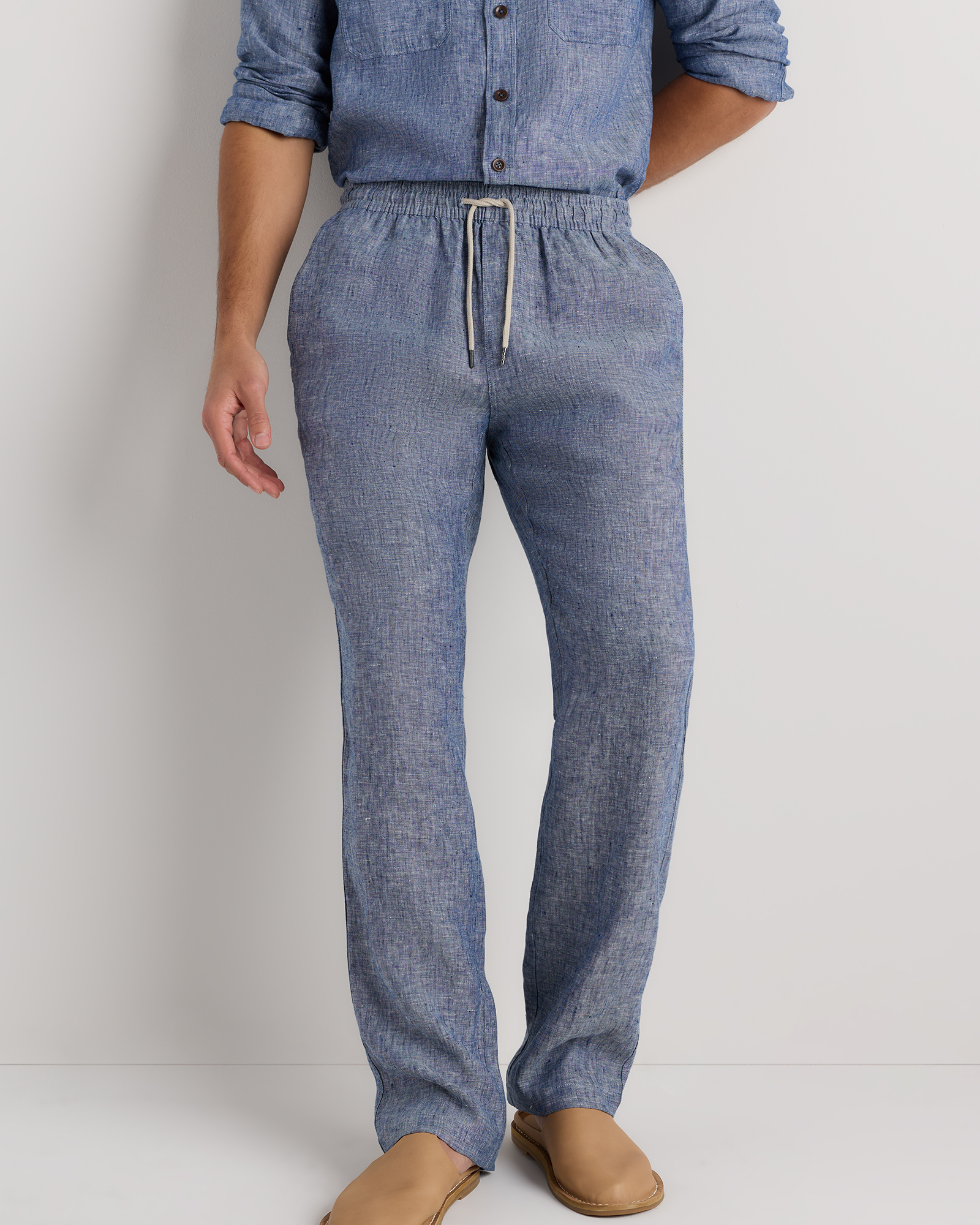 Chambray Blue 100% European Linen Drawstring Beach Pants