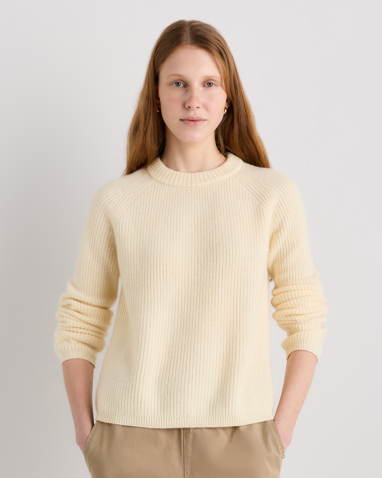 Pale Custard Yellow Mongolian Cashmere Fisherman Crewneck Sweater