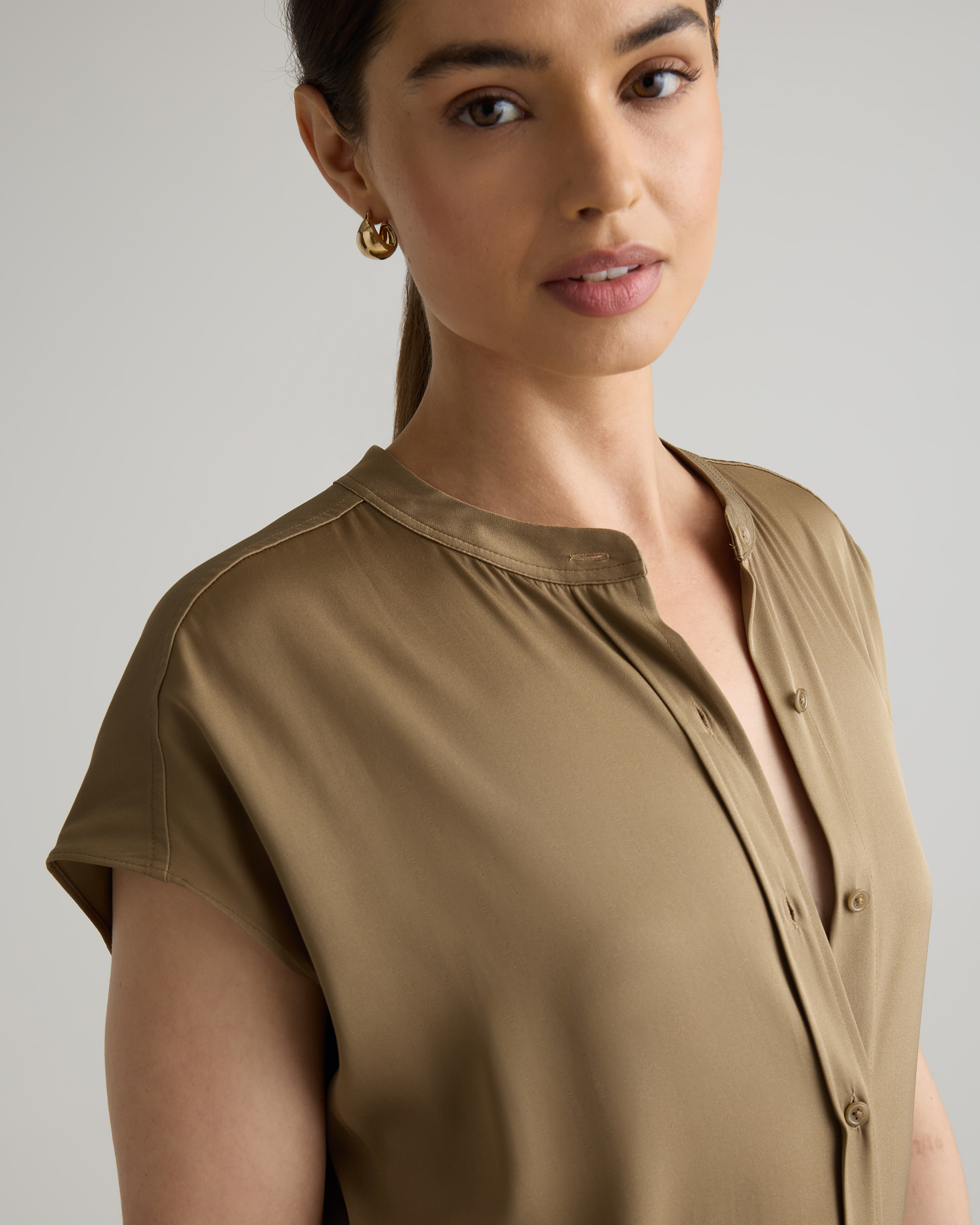 Washable Stretch Silk Midi Shirt Dress