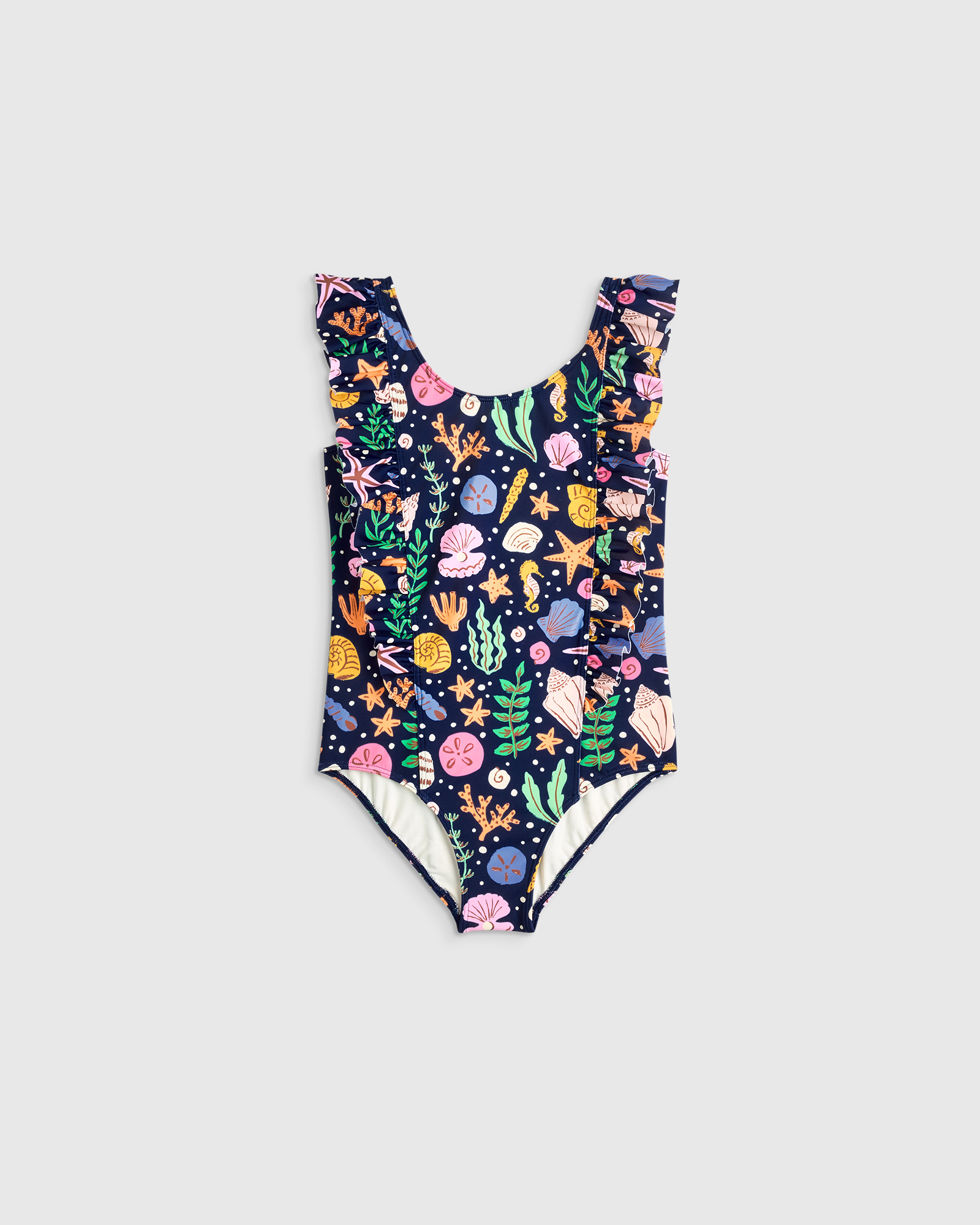 Navy Seashells Ruffle One Piece Swimsuit