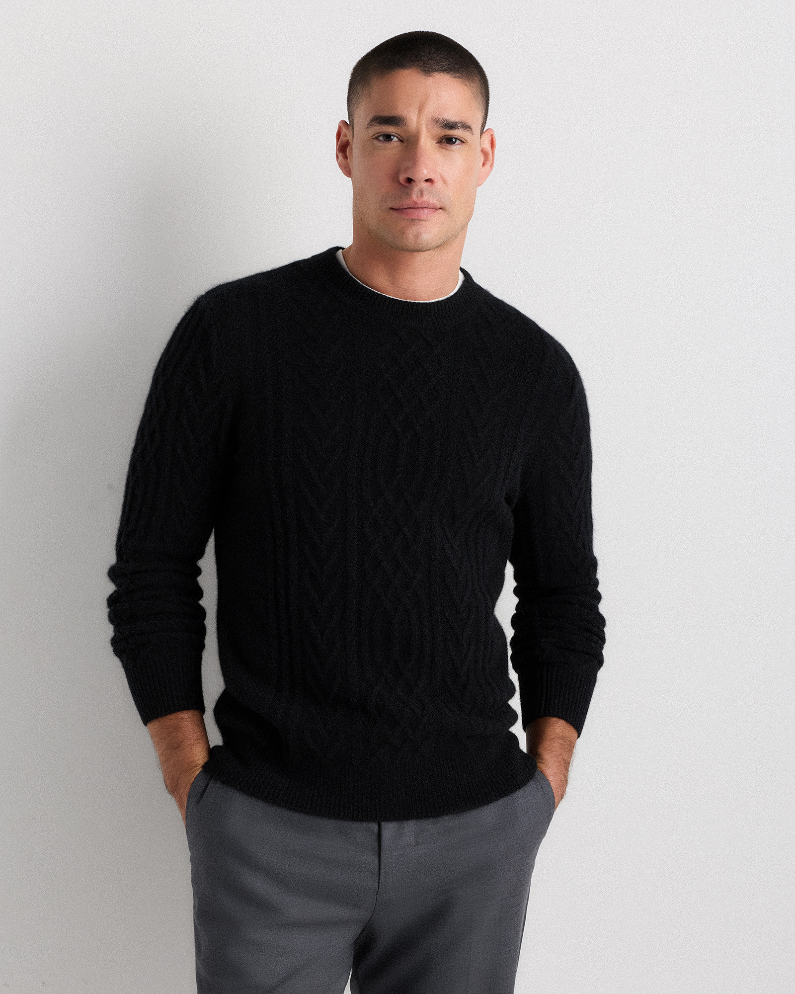 Black Mongolian Cashmere Cable Crewneck Sweater