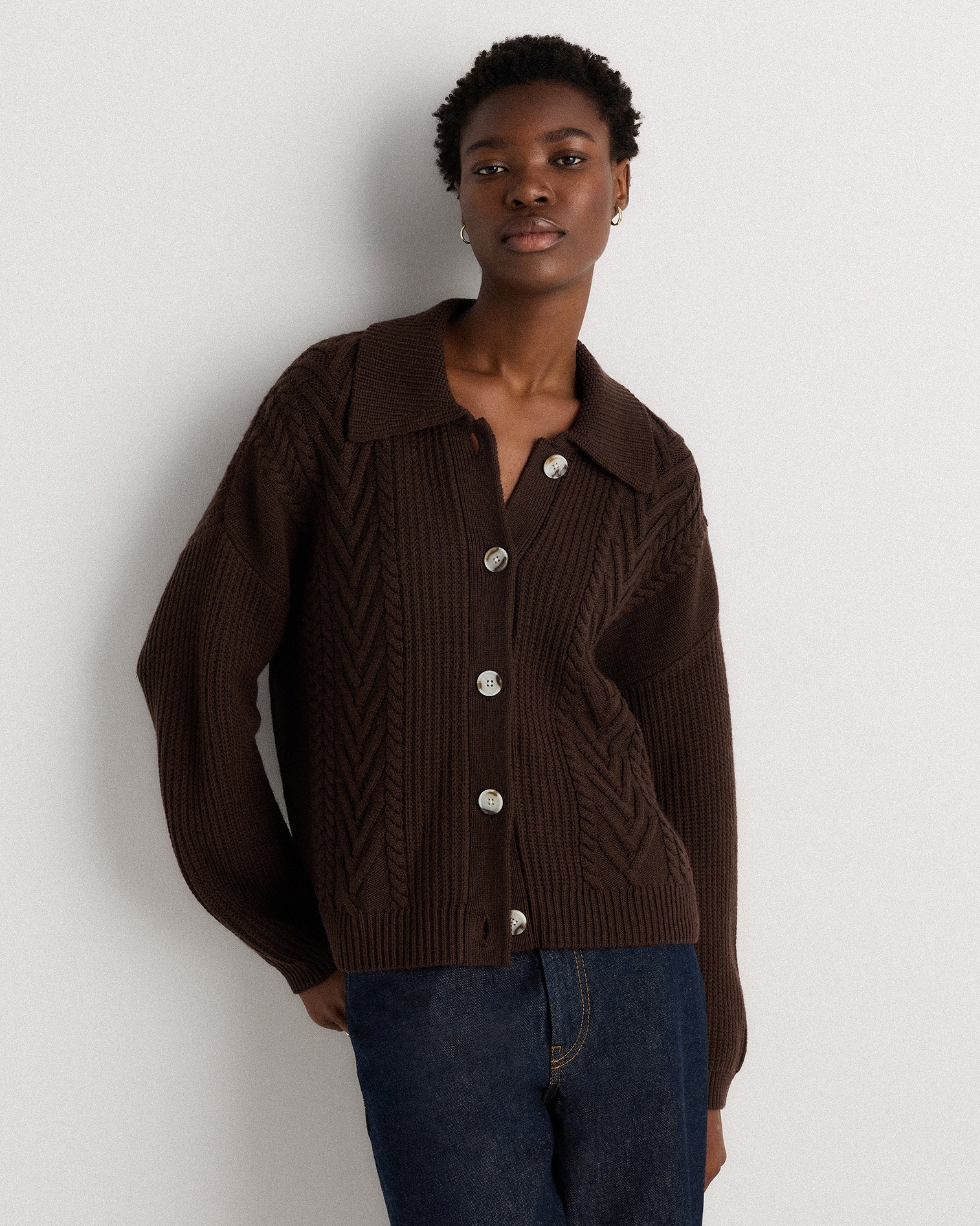 Coffee Bean Brown Australian Merino Wool Collared Cable Cardigan