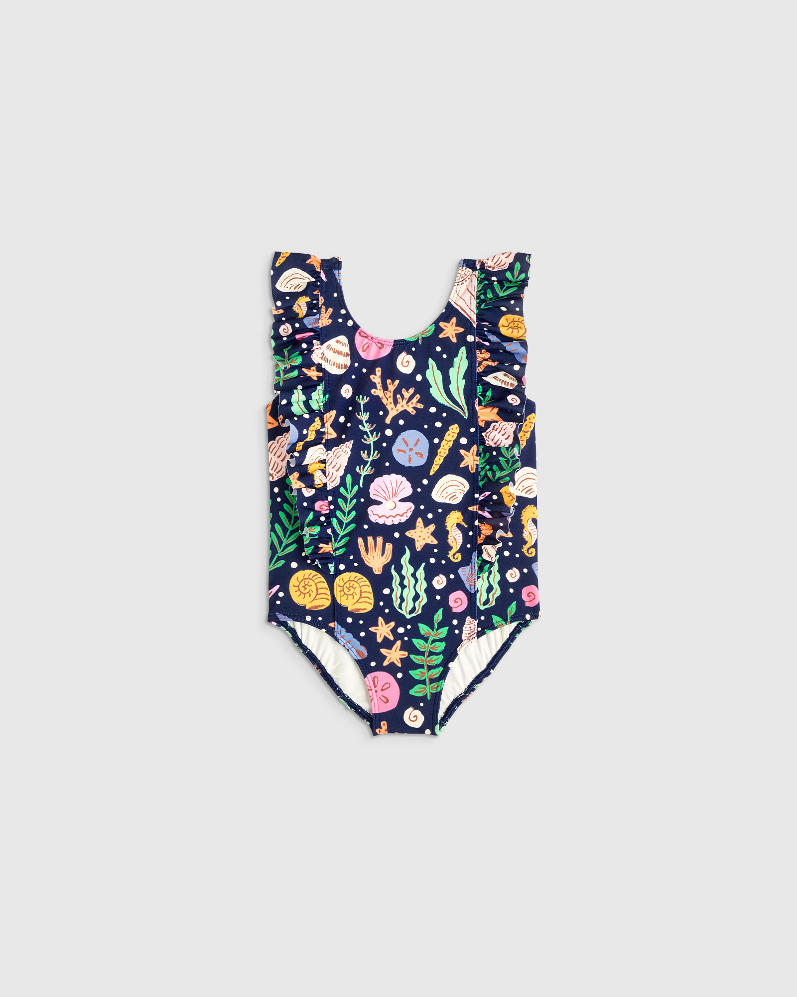 Navy Seashells Ruffle One Piece Swimsuit