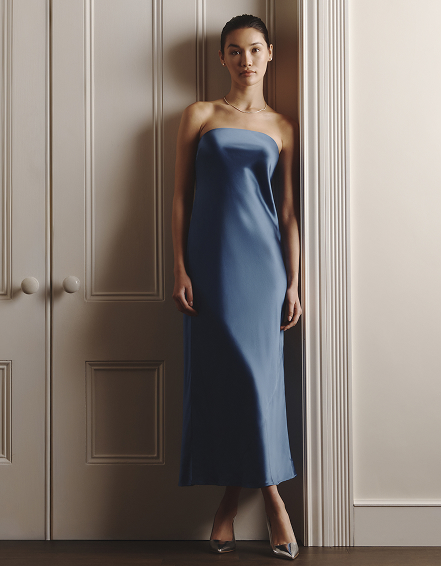 Moonstone Blue 100% Washable Silk Strapless Midi Dress