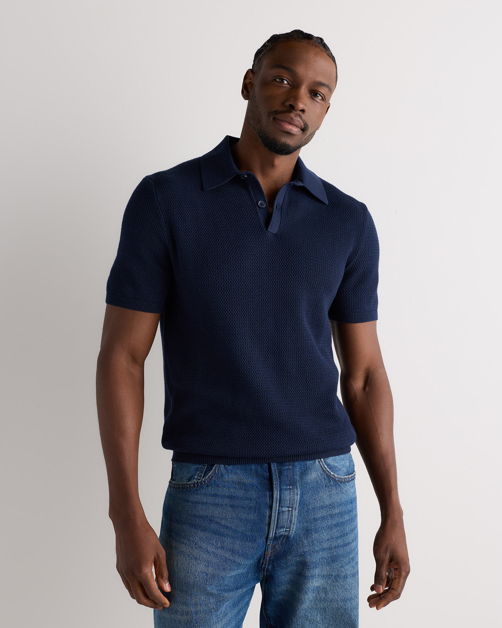 Navy 100% Organic Cotton Mesh-Stitch Sweater Polo