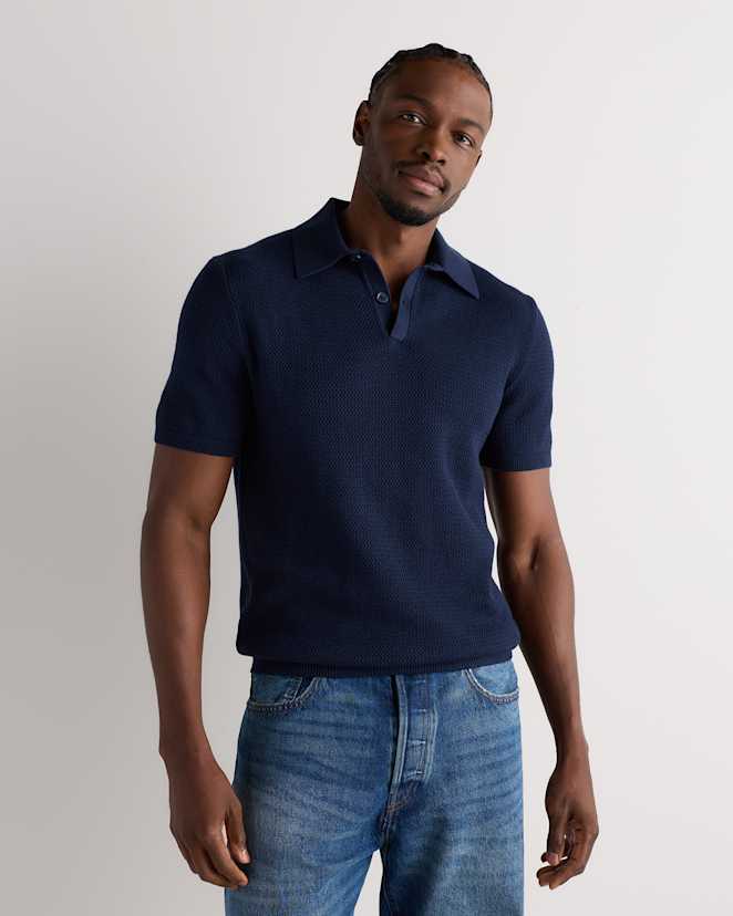 Navy 100% Organic Cotton Mesh-Stitch Sweater Polo