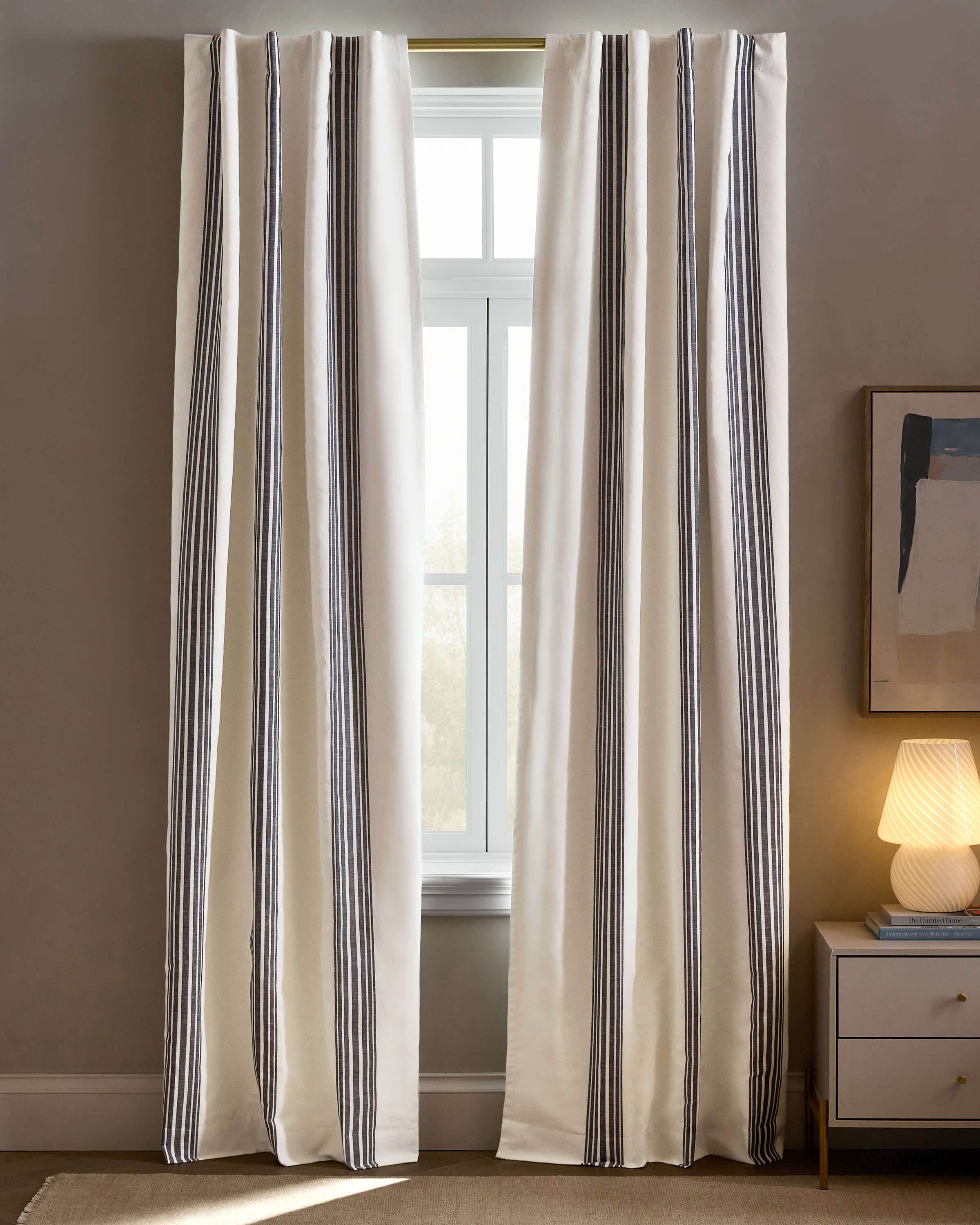 Ivory/Navy Coastal Stripe Linen Cotton True Blackout Curtain - Single Panel