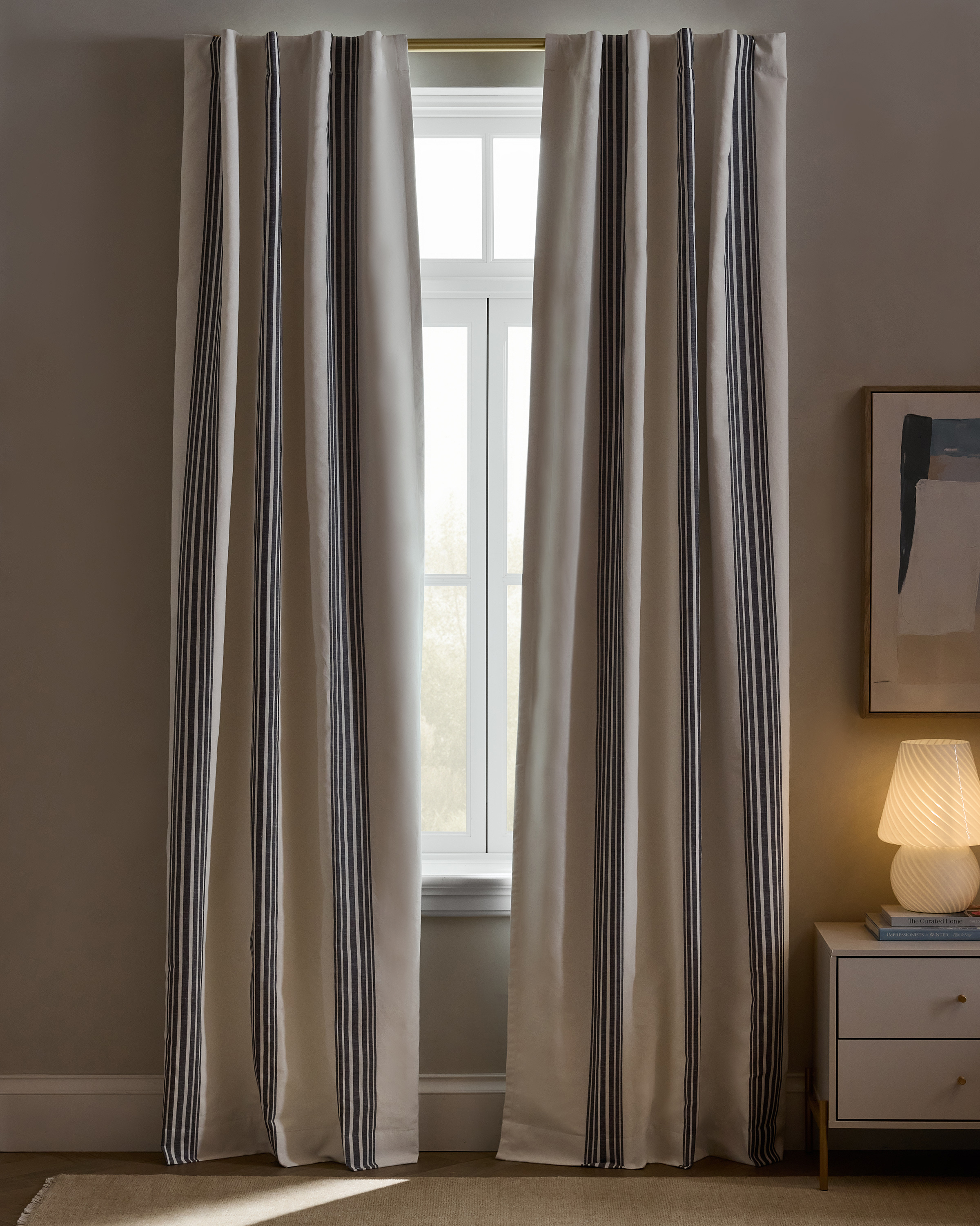 Coastal Stripe Linen Cotton True Blackout Curtain - Single Panel, 48x84, Ivory/Navy