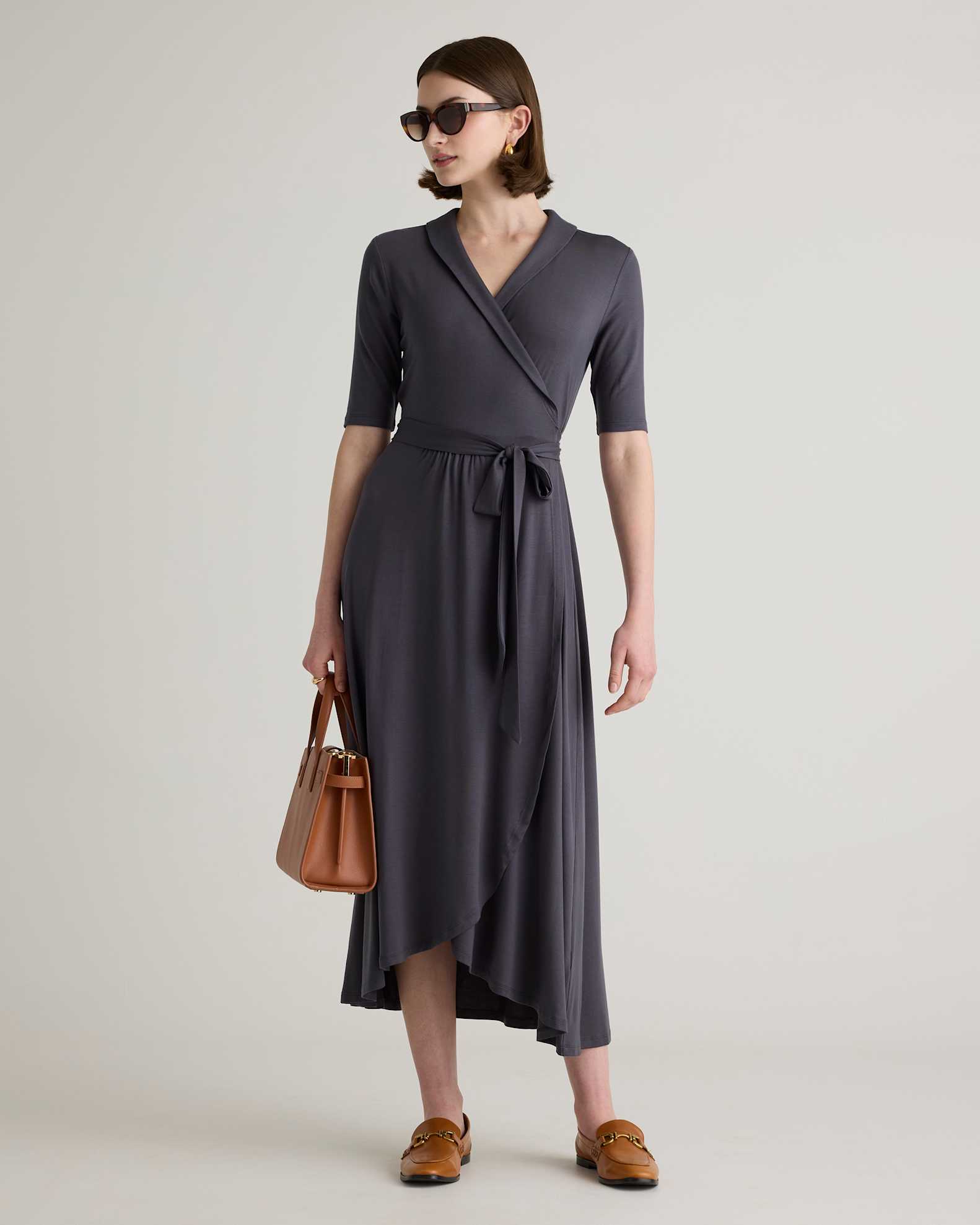 Quince Women's Tencel Jersey Midi Wrap Dress, Carbon Grey, Size XS - Eco-Friendly, Comfortable, Modern Length Quince Women's Tencel Jersey Midi Wrap Dress, Carbon Grey, Size XS - Eco-Friendly, Comfortable, Modern Length