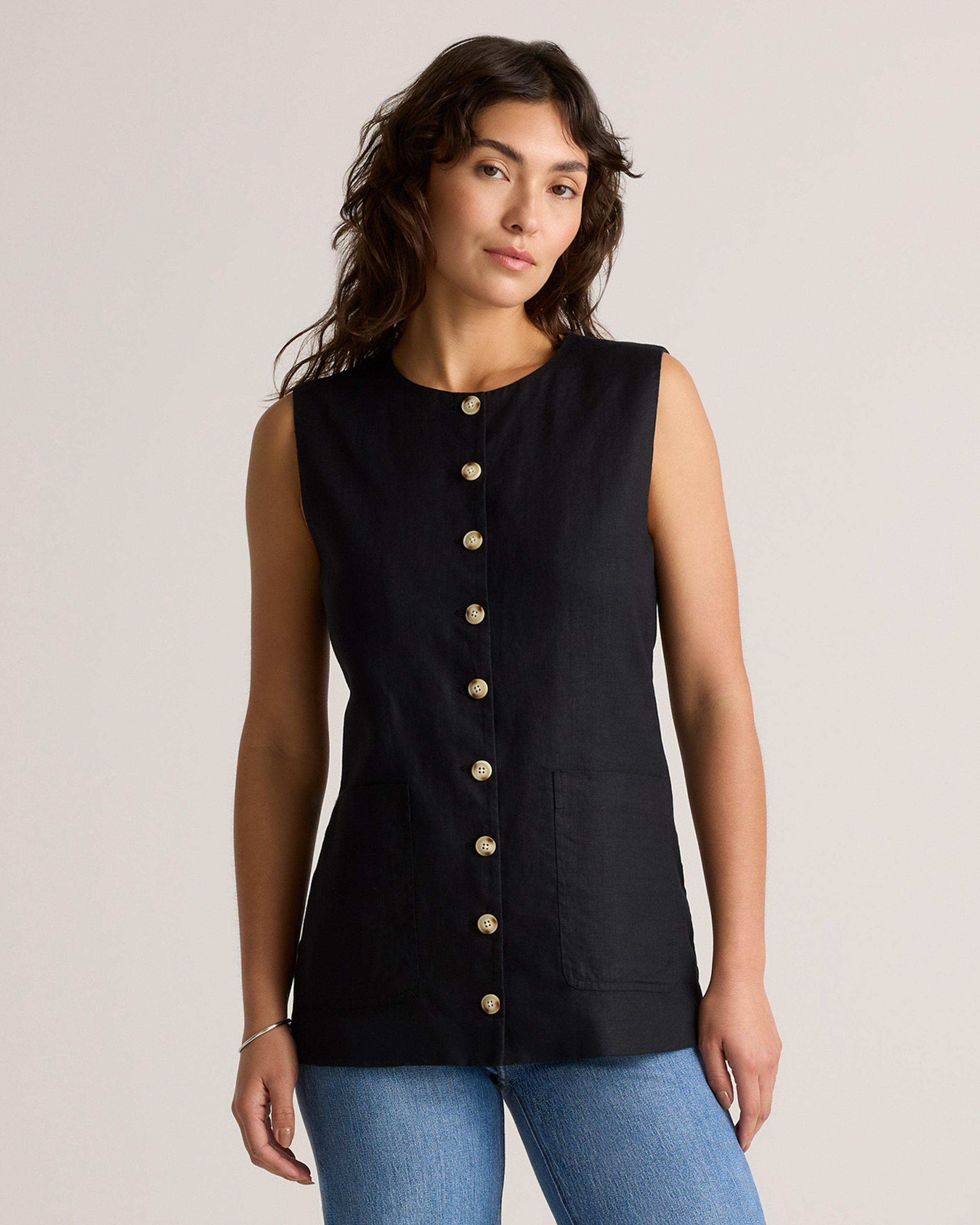 Black 100% European Linen Longline Vest