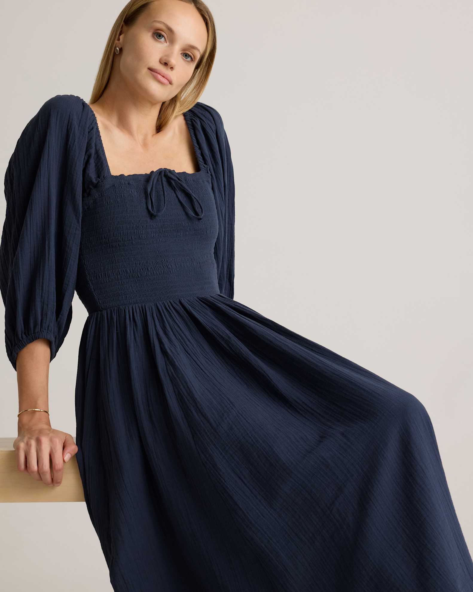 Women's Gauze Smocked Square Neck Midi Dress in Indigo Blue, Size XL, Organic Cotton by Quince Women's Gauze Smocked Square Neck Midi Dress in Indigo Blue, Size XL, Organic Cotton by Quince