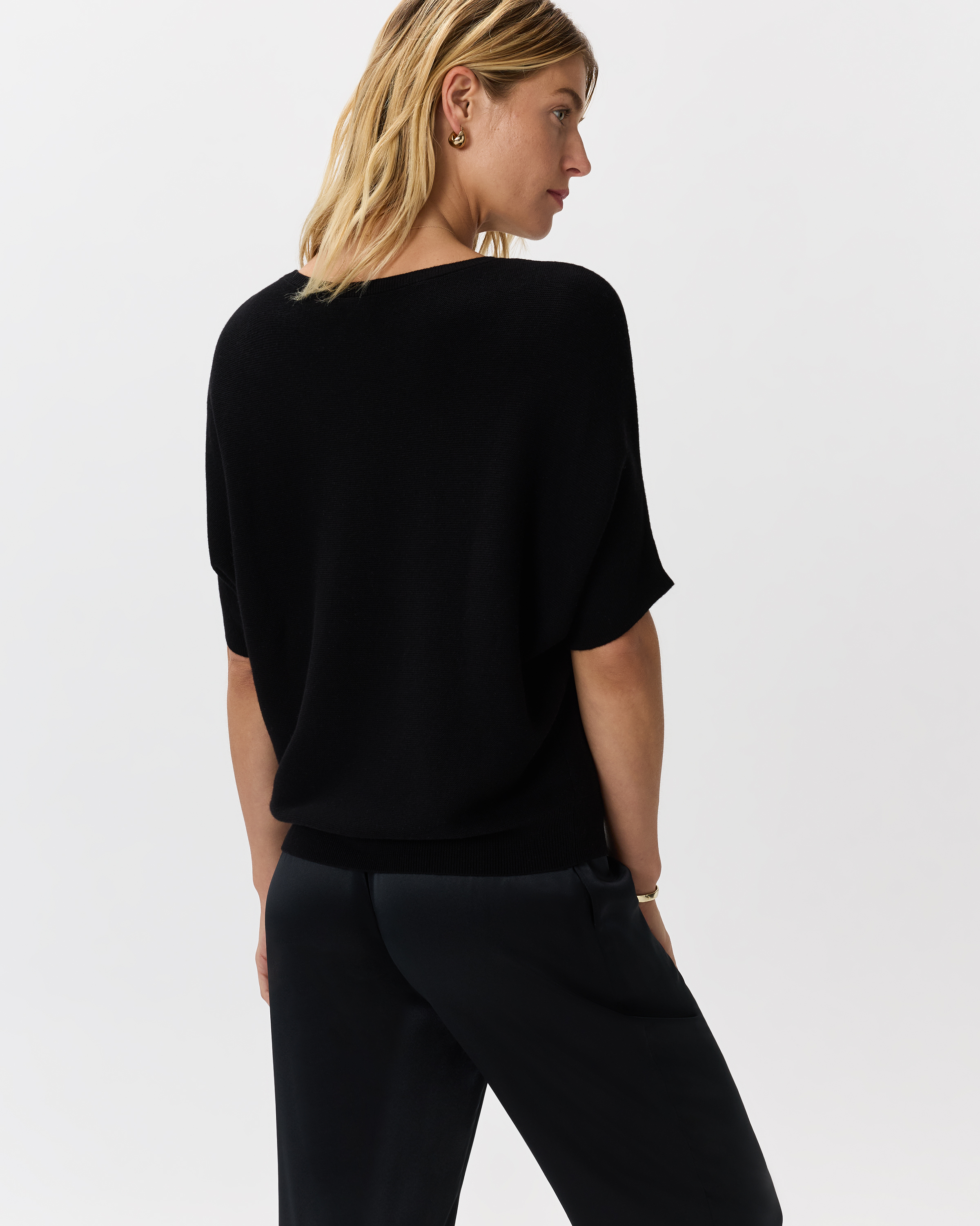 Lightweight Cotton Cashmere Link-Stitch Dolman Sweater in Black