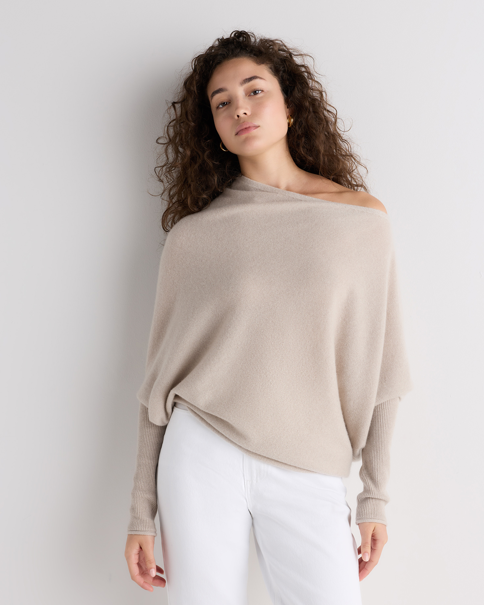 Heather Cloud Beige 100% Mongolian Cashmere Asymmetric Draped Sweater