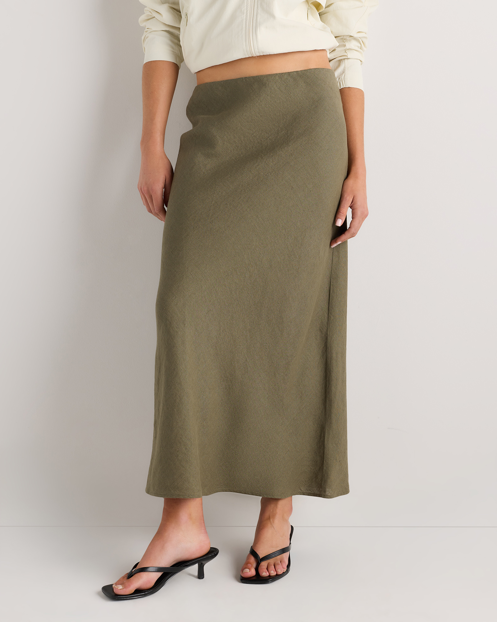 Bayberry Olive 100% European Linen Midi Slip Skirt