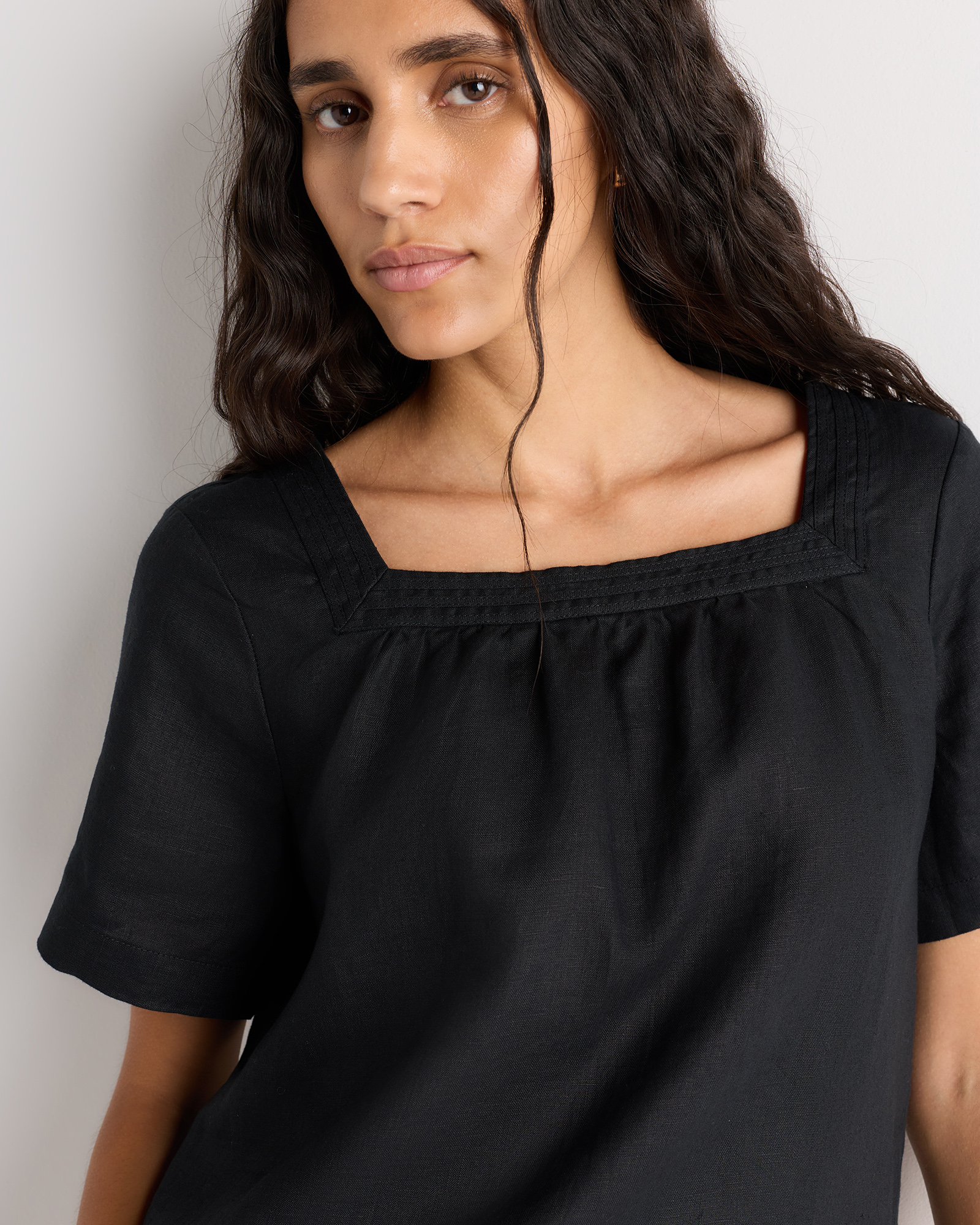 100% European Linen Square Neck Swing Top in Black