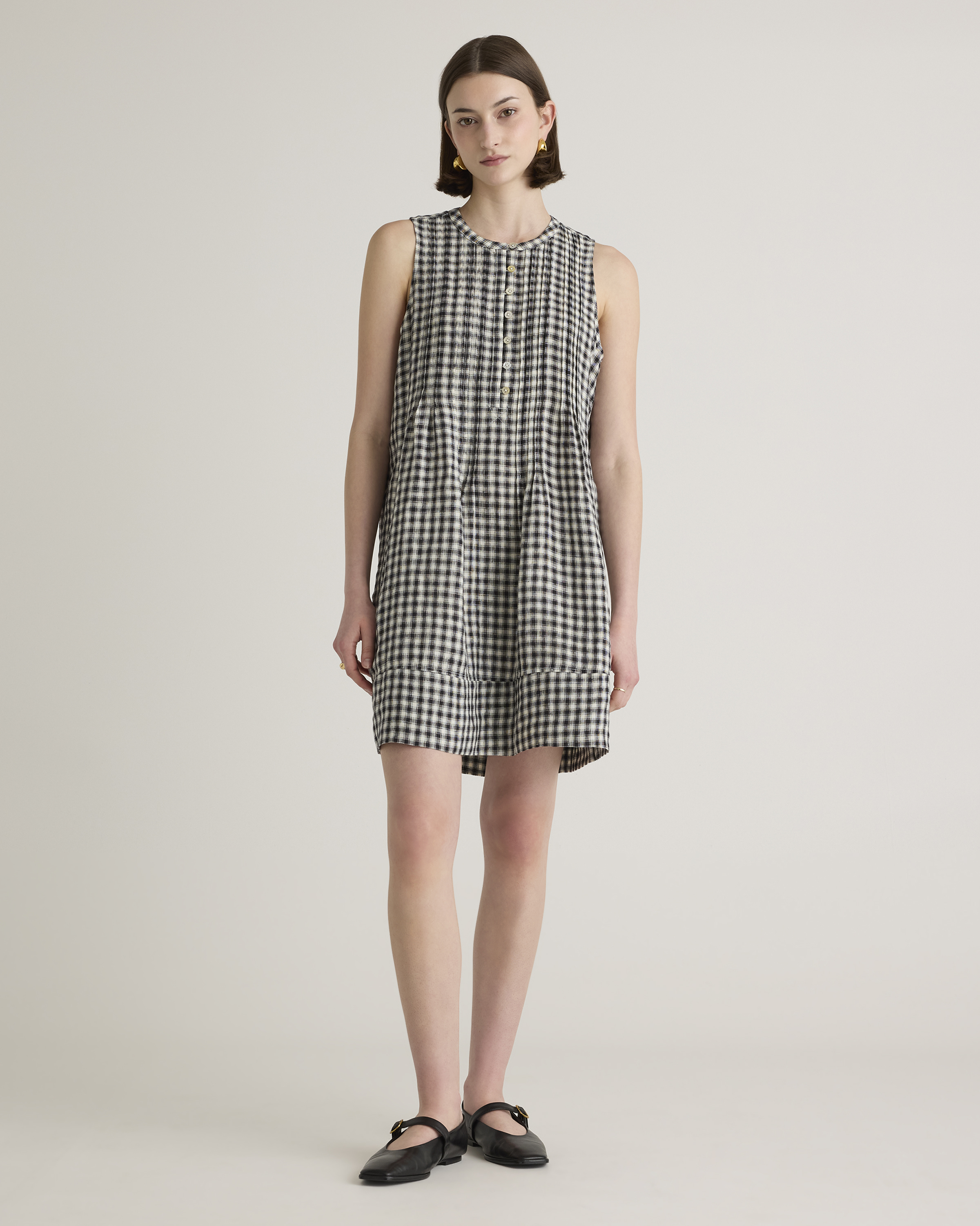 Khaki / Black Gingham 100% European Linen Sleeveless Swing Dress