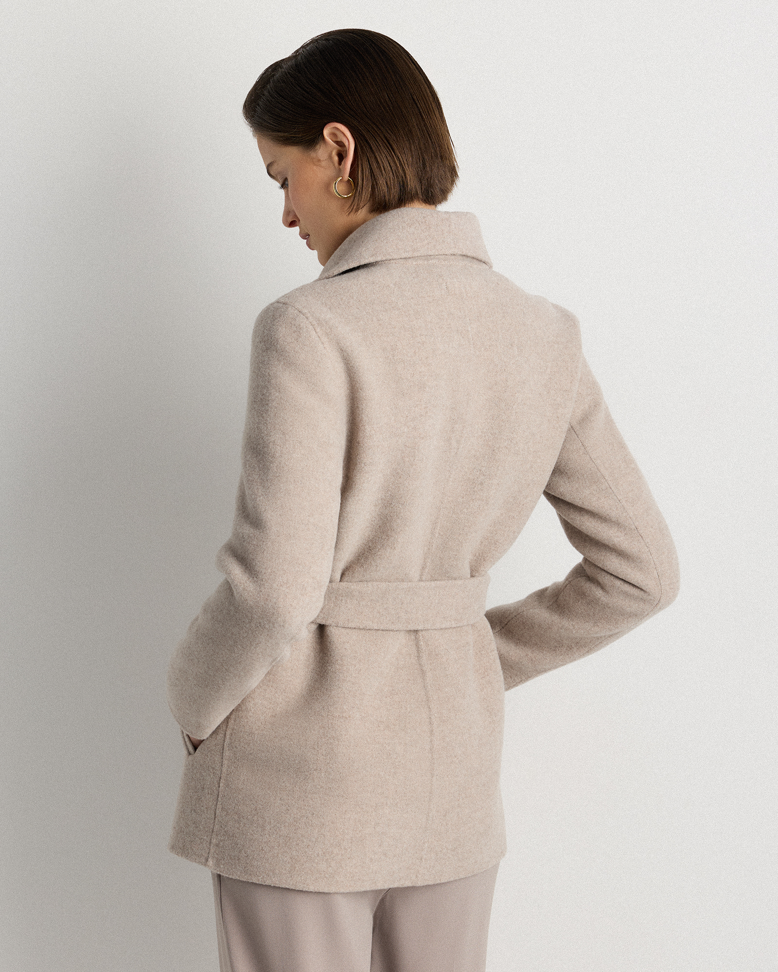 Double-Faced Merino Wool Draped Collar Short Wrap Coat in Oat