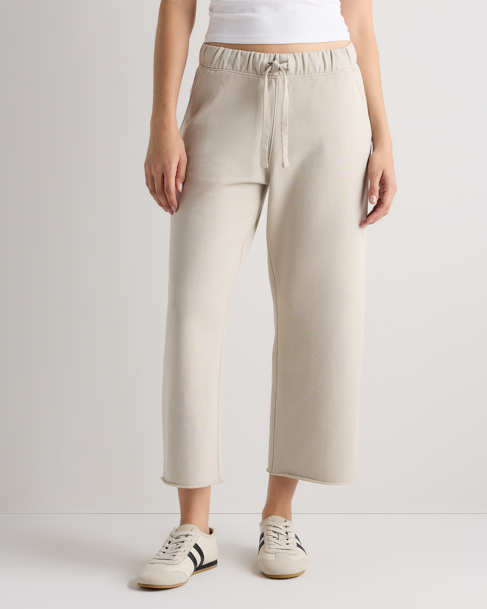 Pebble Beige Organic French Terry Cropped Wide Leg Pants