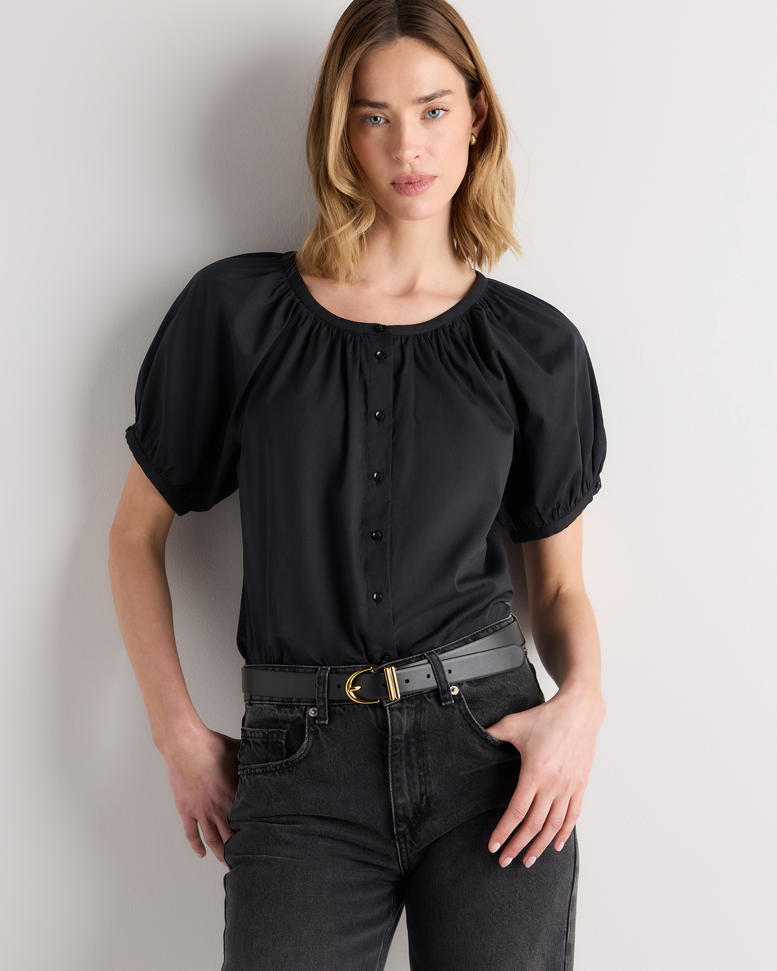 Black Cotton Viscose Voile Raglan Short Sleeve Blouse