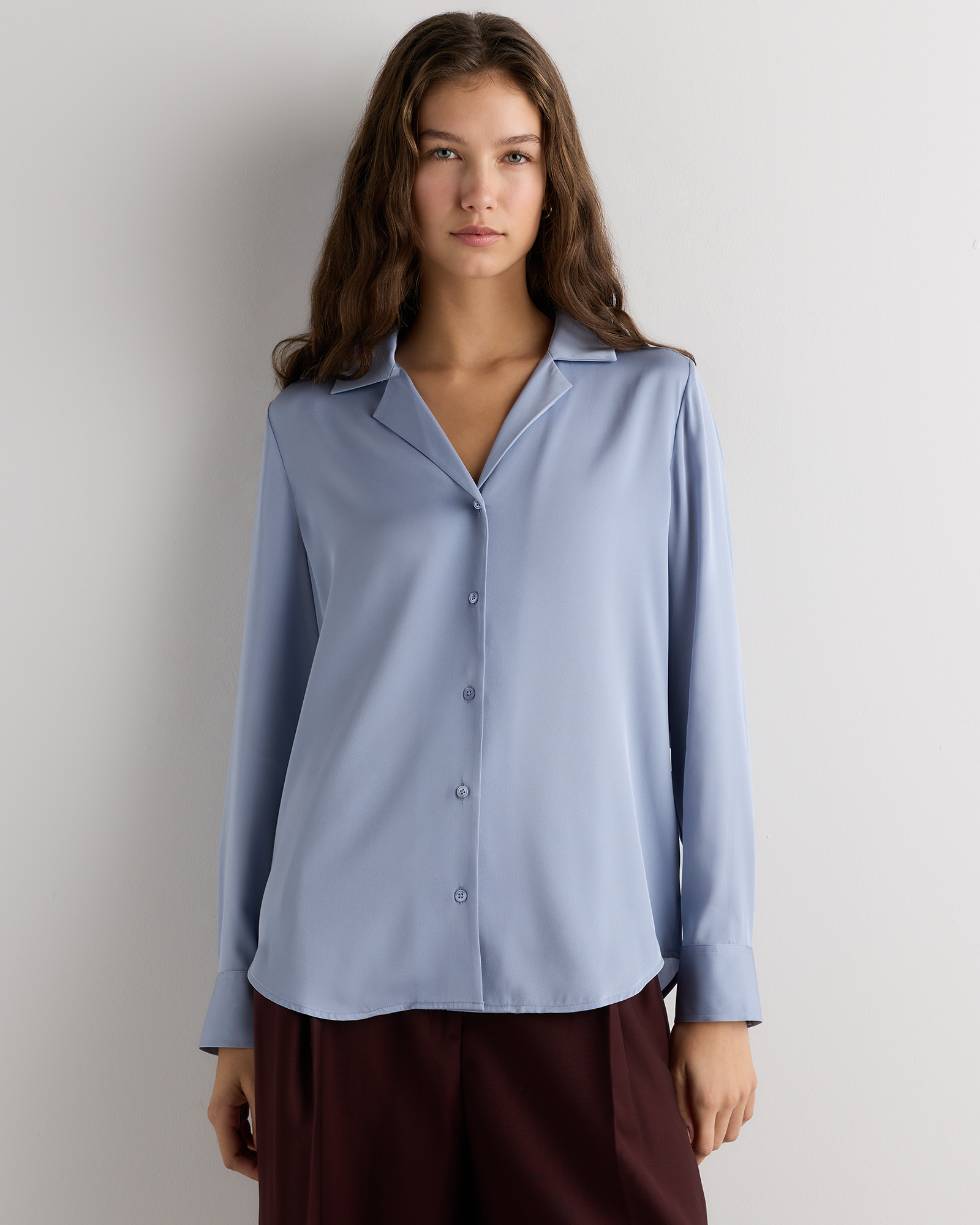 Horizon Blue Washable Stretch Silk Notch Collar Blouse