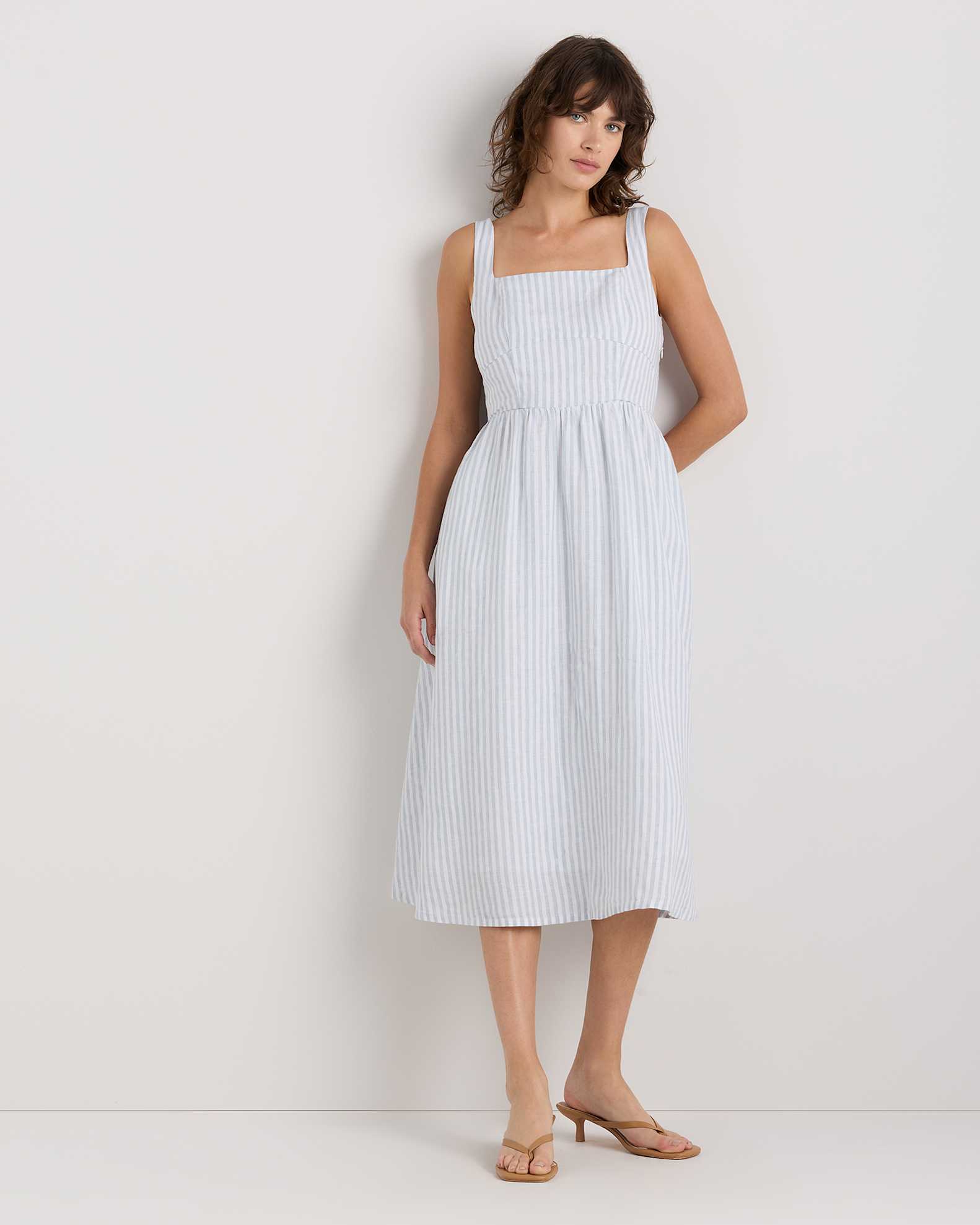 100% European Linen Fit & Flare Midi Dress in Sky Blue Mariner Stripe 100% European Linen Fit & Flare Midi Dress in Sky Blue Mariner Stripe