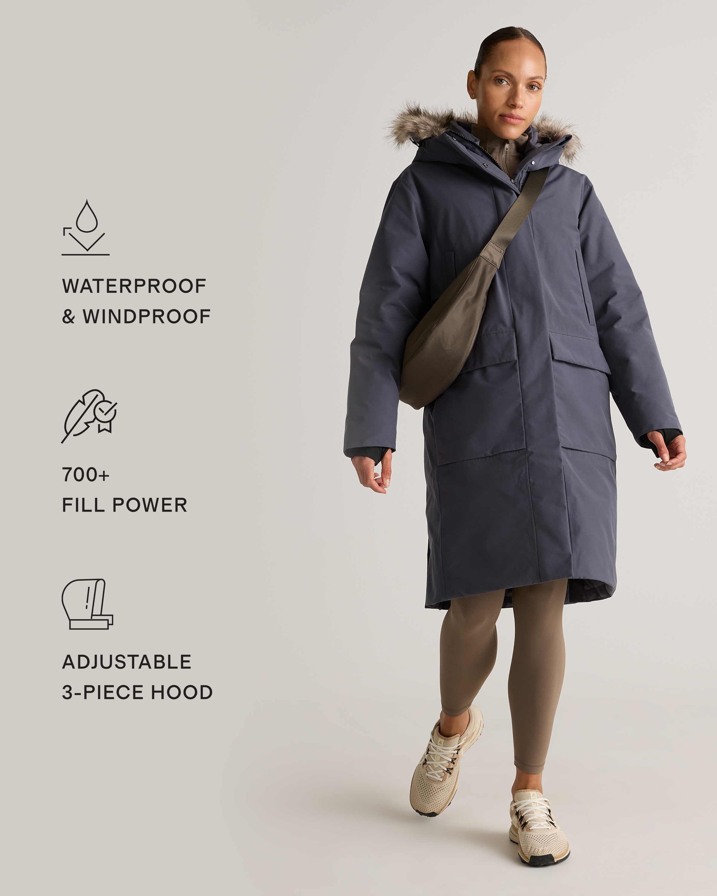 Responsible Down Hooded Long Parka in Carbon Grey