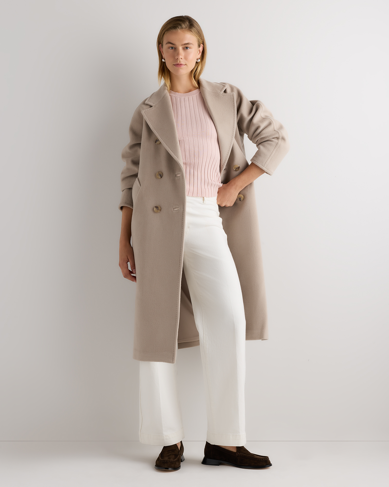 Melange Sand Dune Wool Cashmere Double-Breasted Belted Long Coat