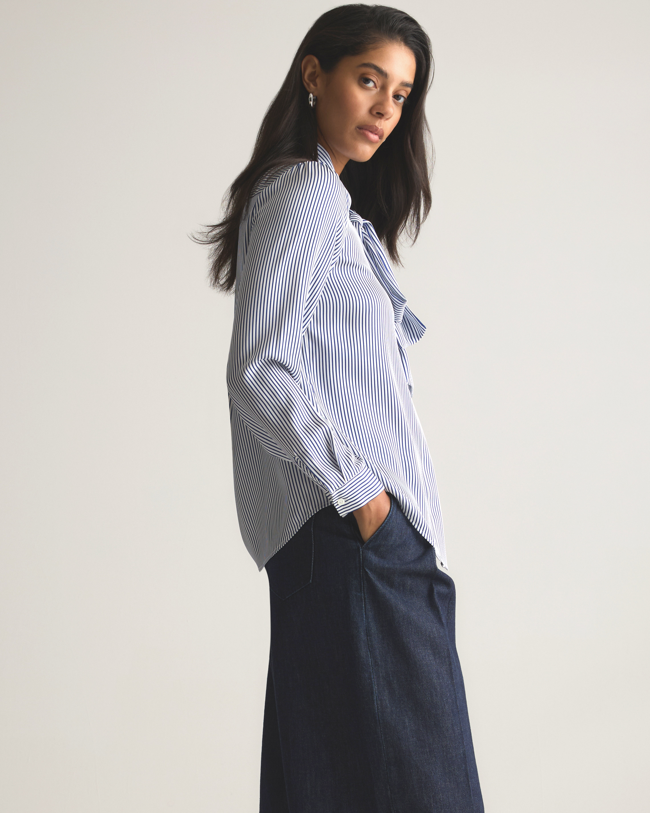 Washable Stretch Silk Tie Neck Blouse