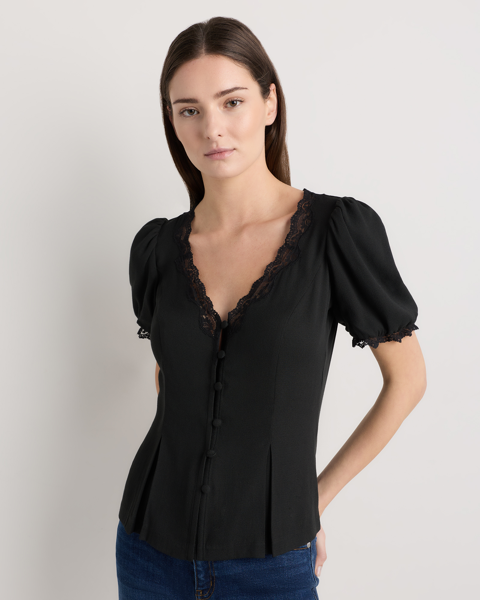 Black Lightweight Crepe Lace Puff Sleeve Blouse