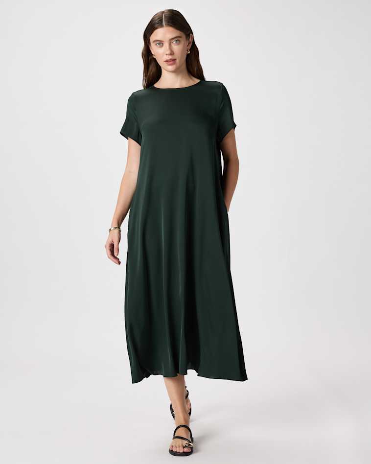 Washable Stretch Silk Midi Shirt Dress in Forest Green Washable Stretch Silk Midi Shirt Dress in Forest Green