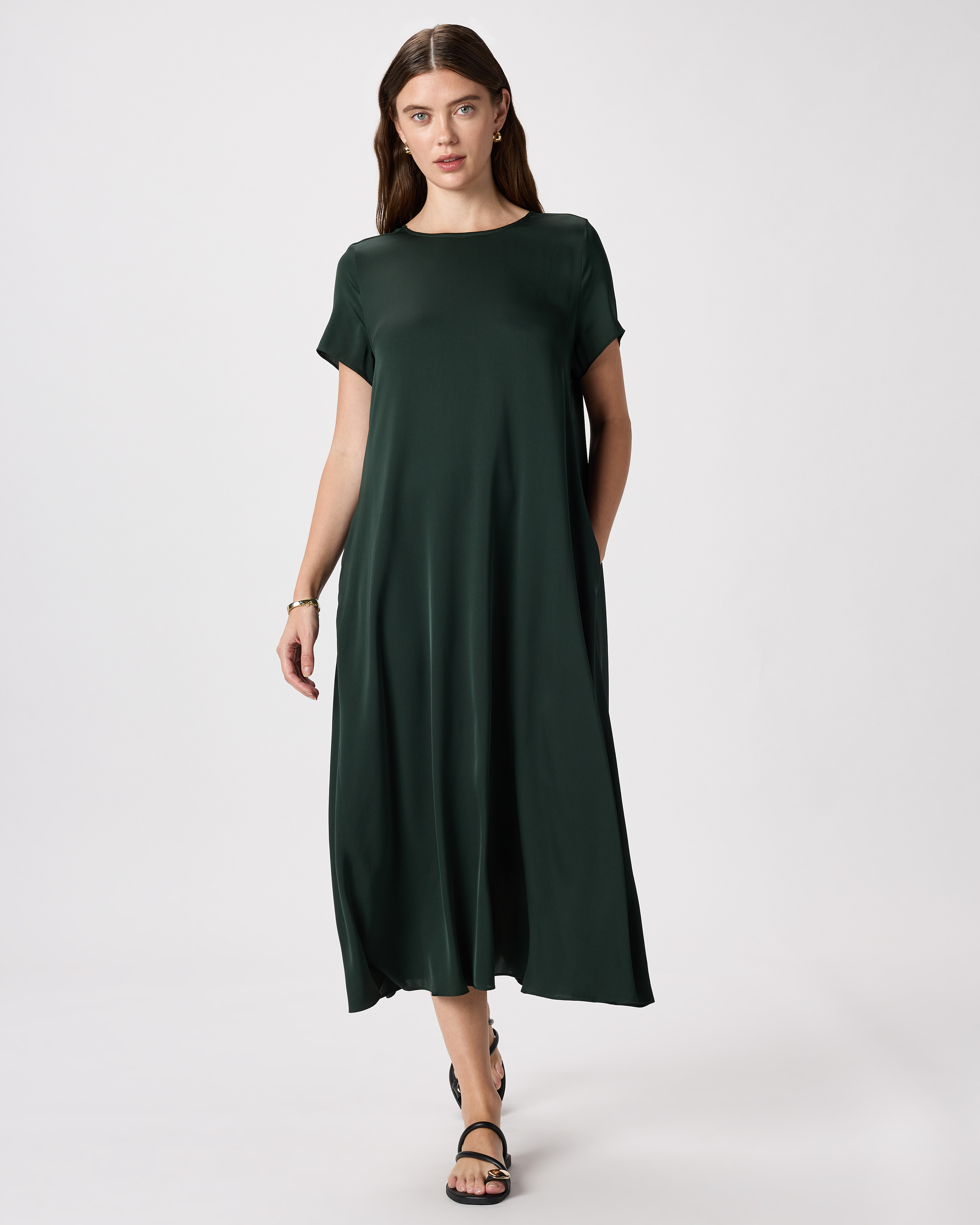 Forest Green Washable Stretch Silk Voluminous Maxi Dress