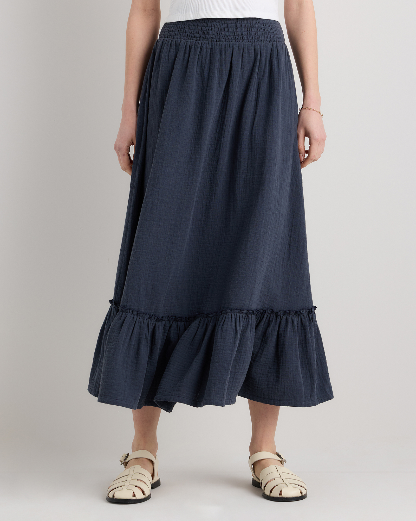 Indigo Blue 100% Organic Cotton Gauze Smocked Maxi Skirt