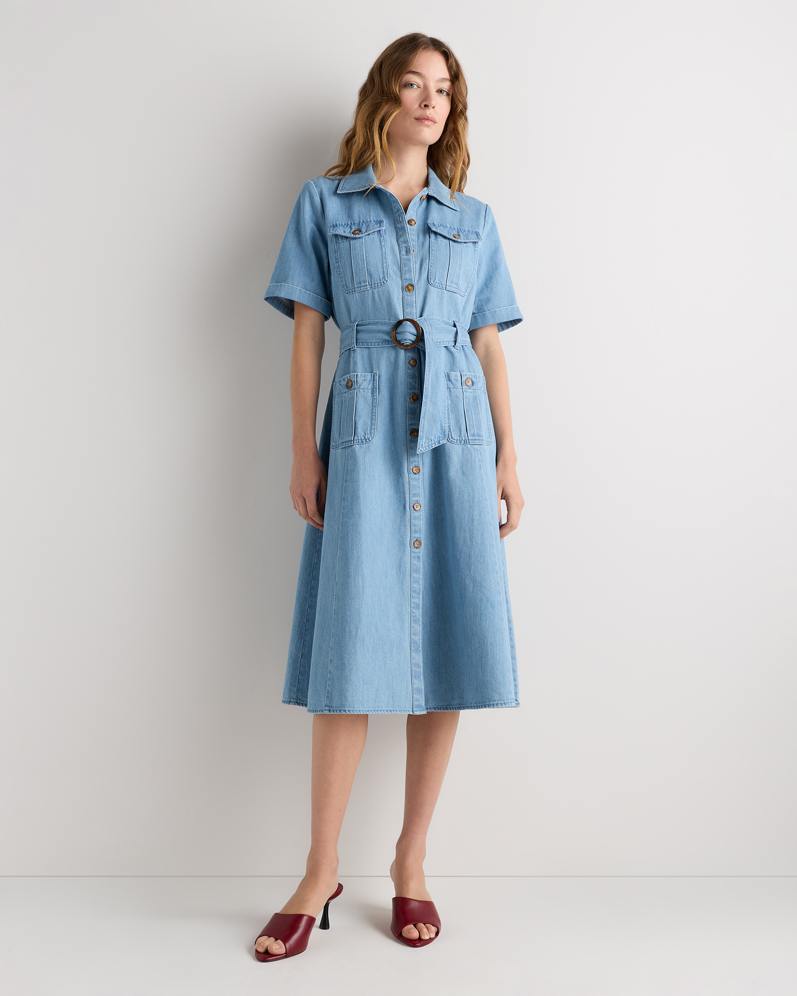 Organic Denim Button Front Midi Dress