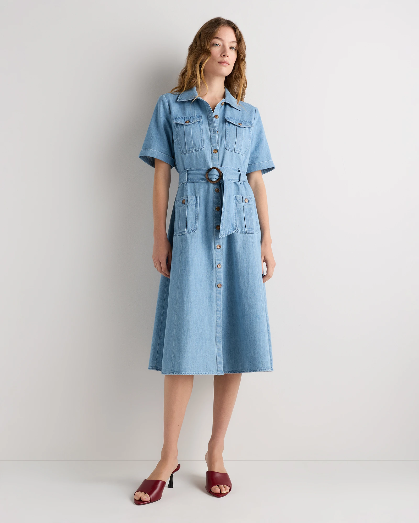 Organic Denim Button Front Midi Dress