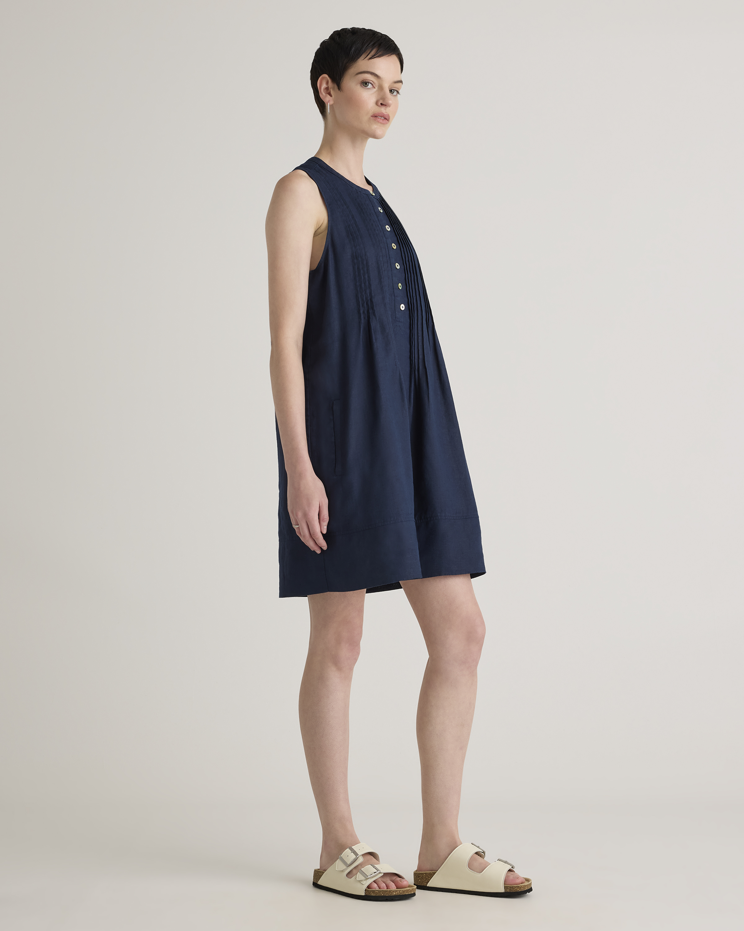 Quince Women's Sleeveless Swing Dress in Deep Navy, Small Size - 100% European Linen, Eco-Friendly Material, Pleat Detailing