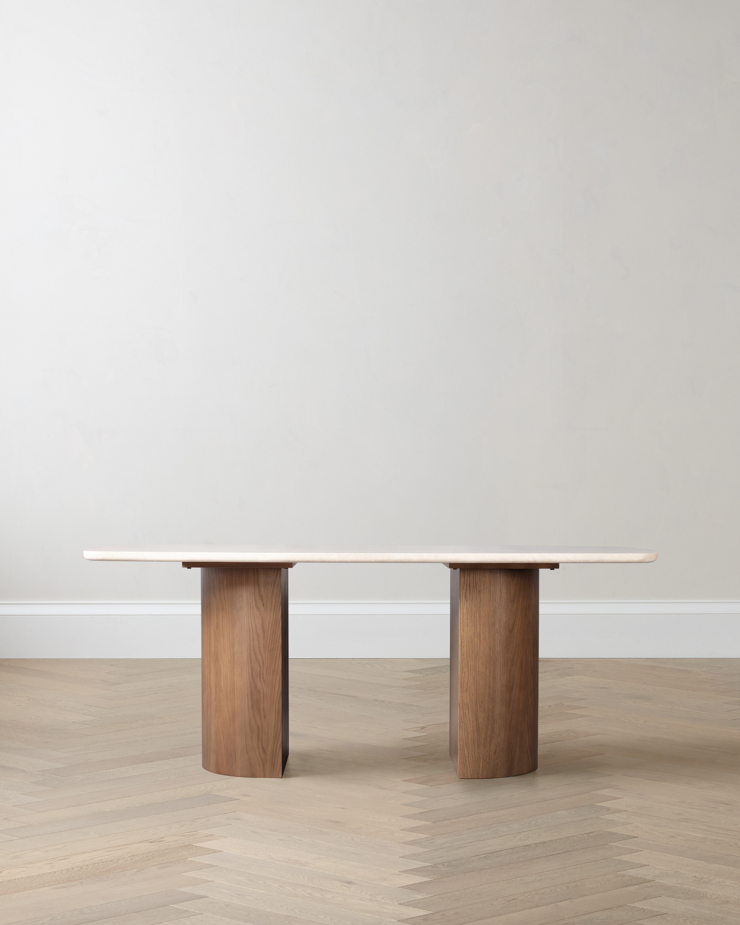 Cream/Chestnut Marble Dining Table with Double Pedestal Base