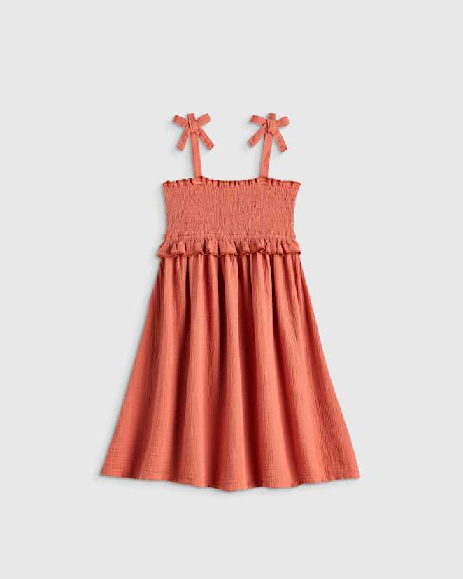 Spiced Orange Girls Sleeveless Smocked Organic Cotton Gauze Dress
