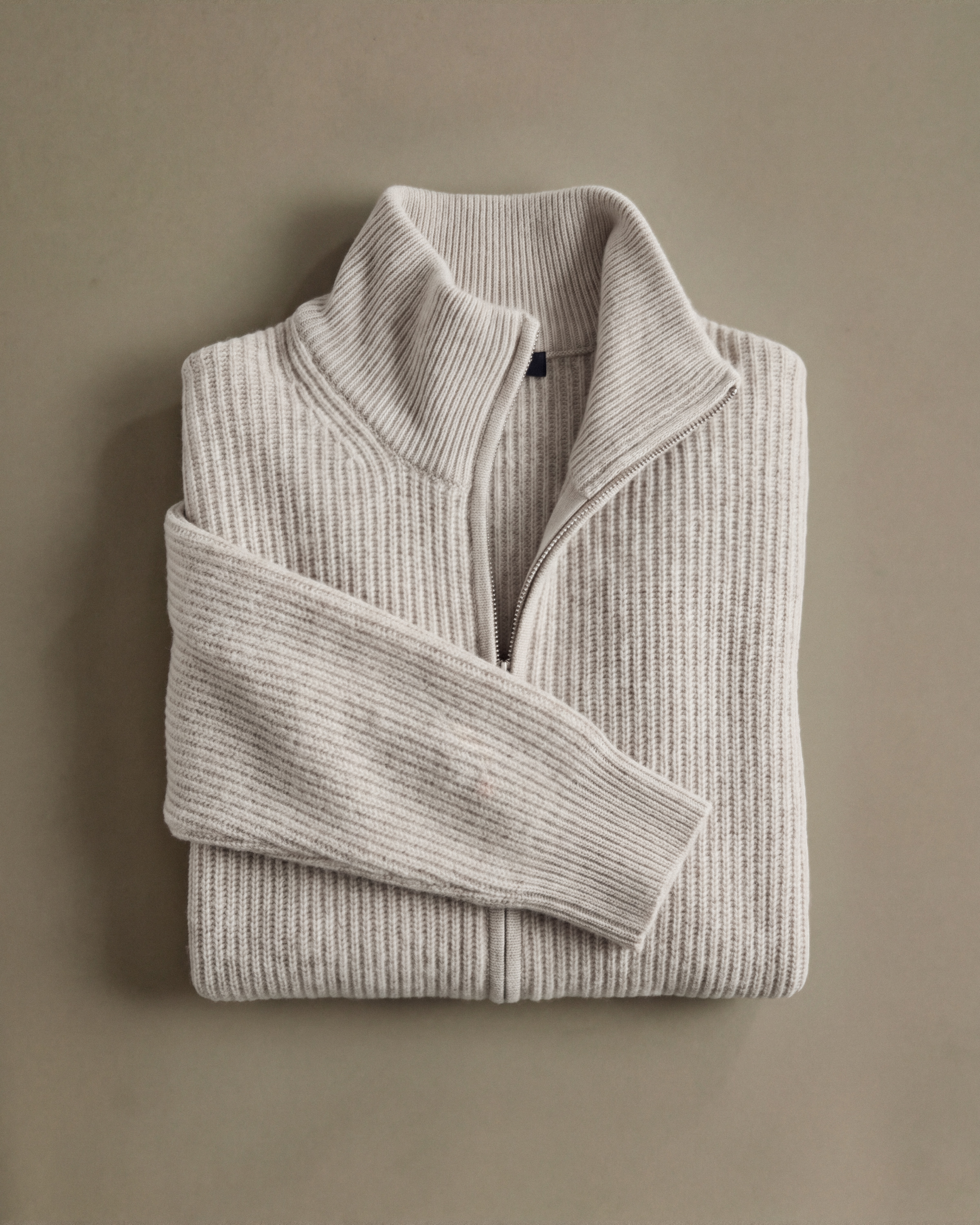 Heather Cloud Beige Mongolian Cashmere Fisherman Full Zip Sweater