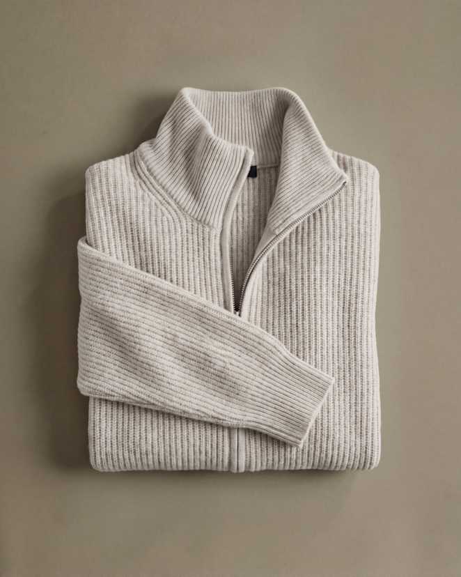 Heather Cloud Beige Mongolian Cashmere Fisherman Full Zip Sweater
