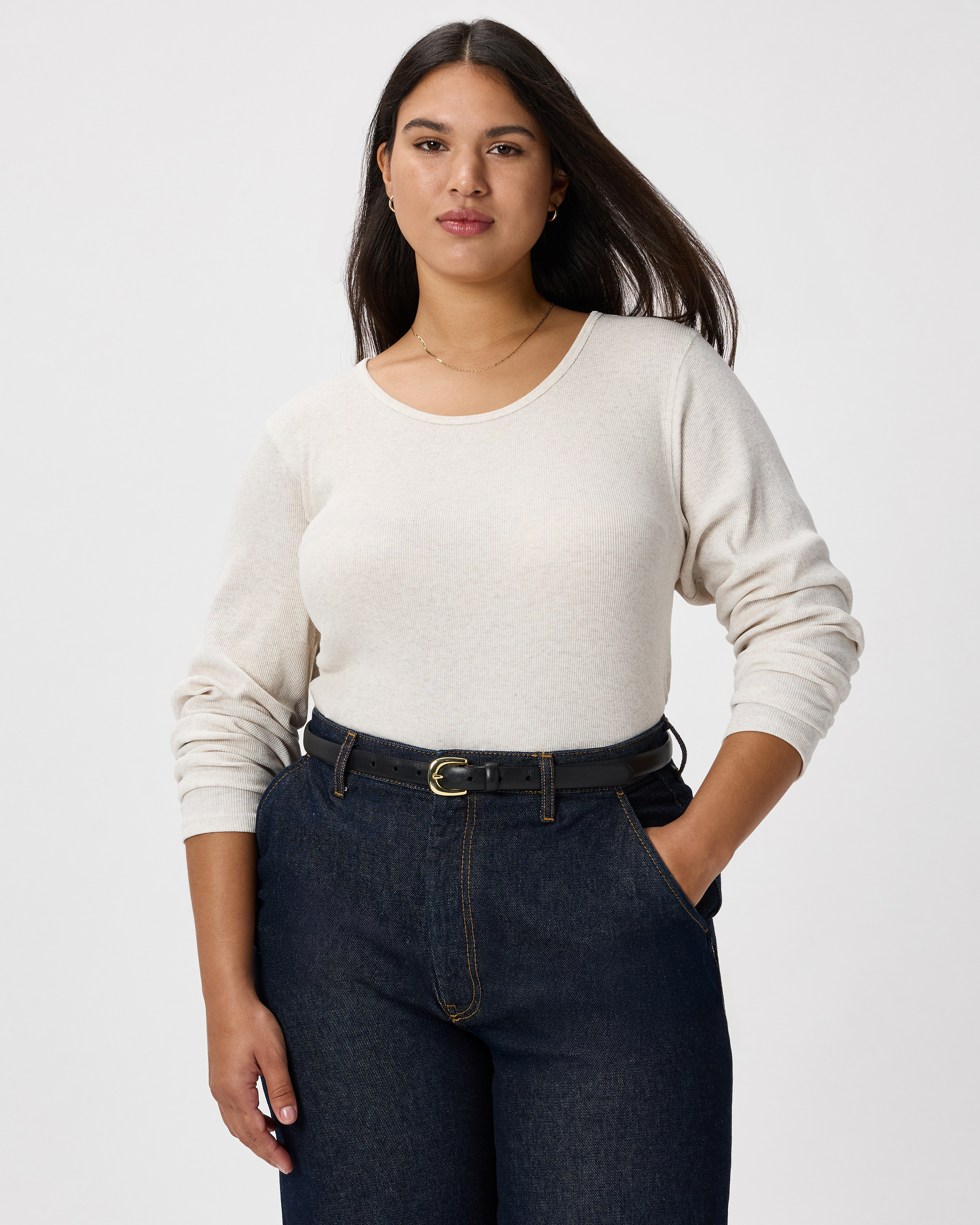 Heather Oatmeal Organic Cotton Micro-Rib Long Sleeve Tee