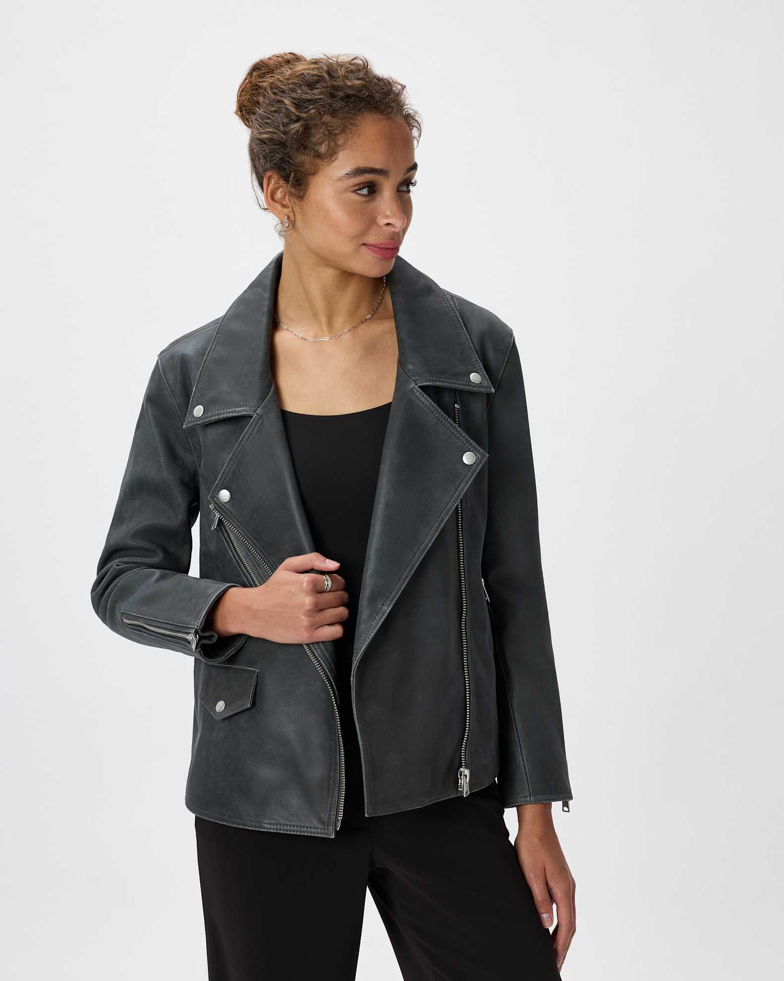 Blouson motard à 100 % en cuir délavé in Noir Blouson motard à 100 % en cuir délavé in Noir