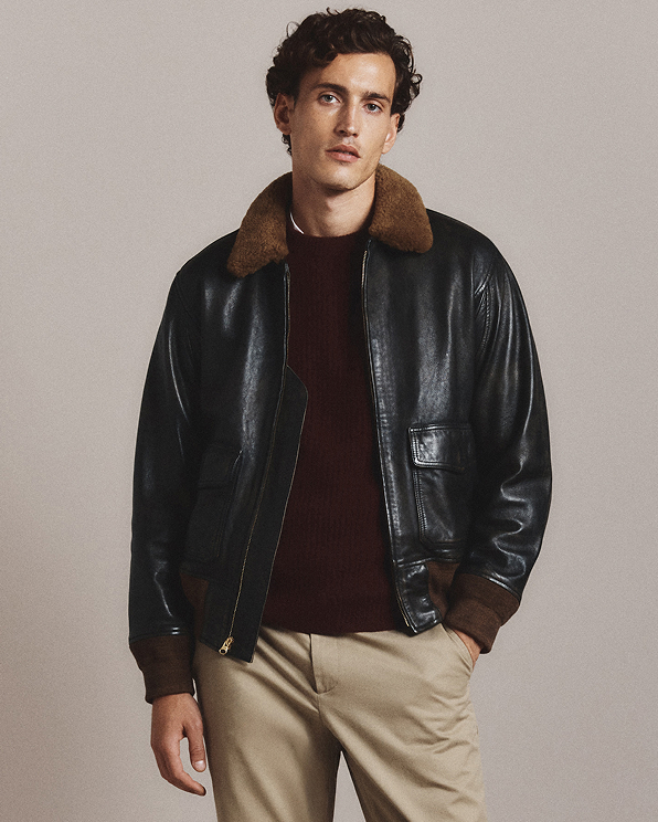 Rich Brown Shearling Collar Leather Flight Jacket