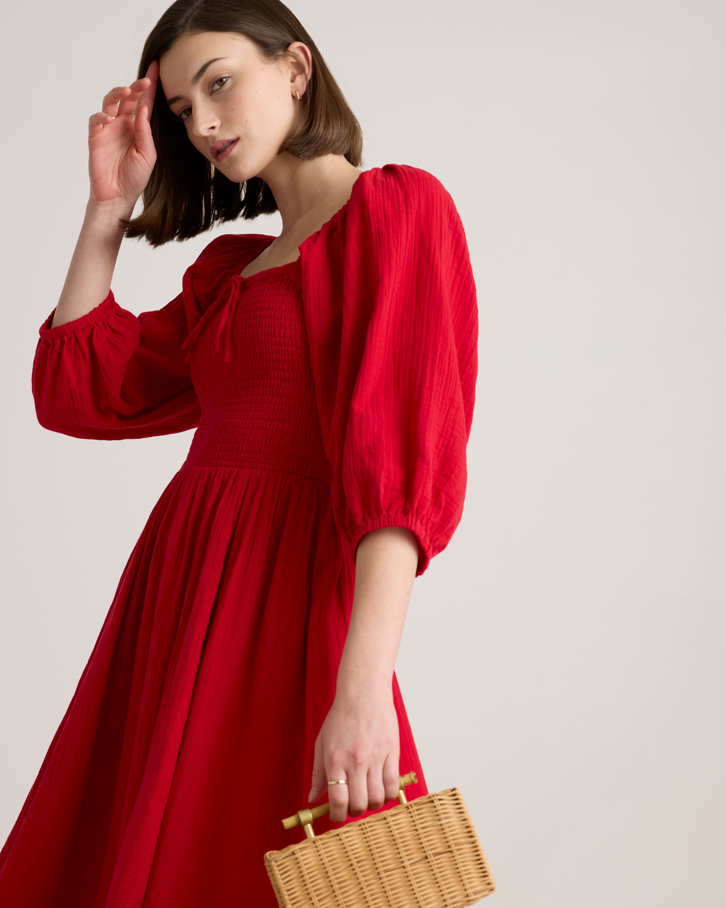 100% Organic Cotton Gauze Smocked Square Neck Midi Dress in Wild