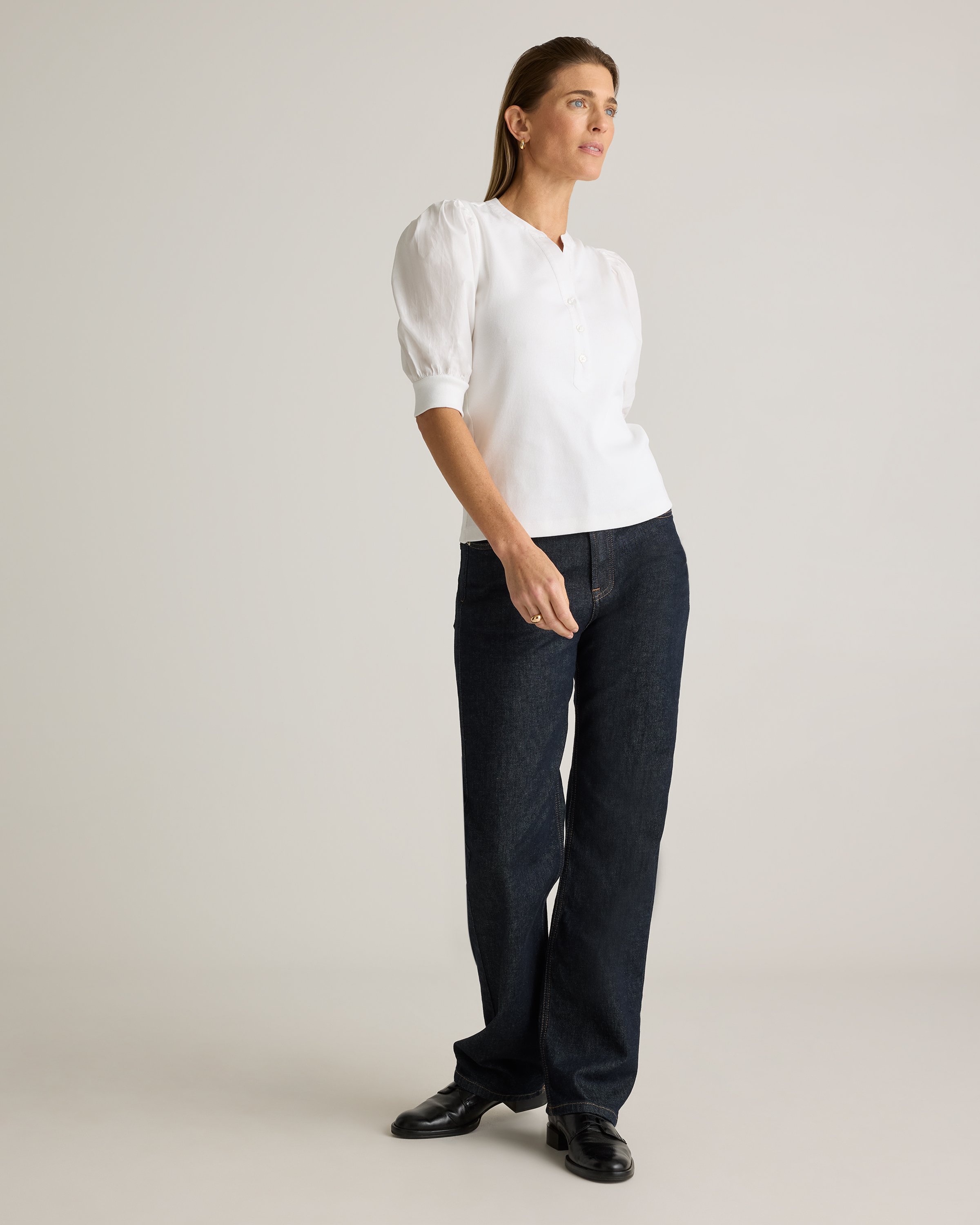 Cotton Mixed Media Puff Sleeve Top in Classic White