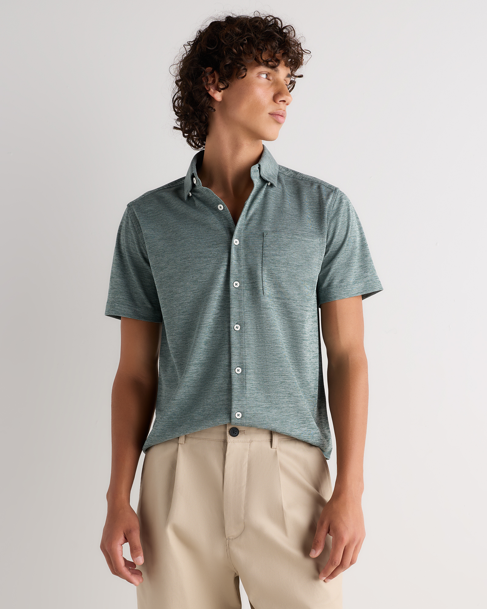 Pine Green Commuter Stretch Pique Short Sleeve Button Down