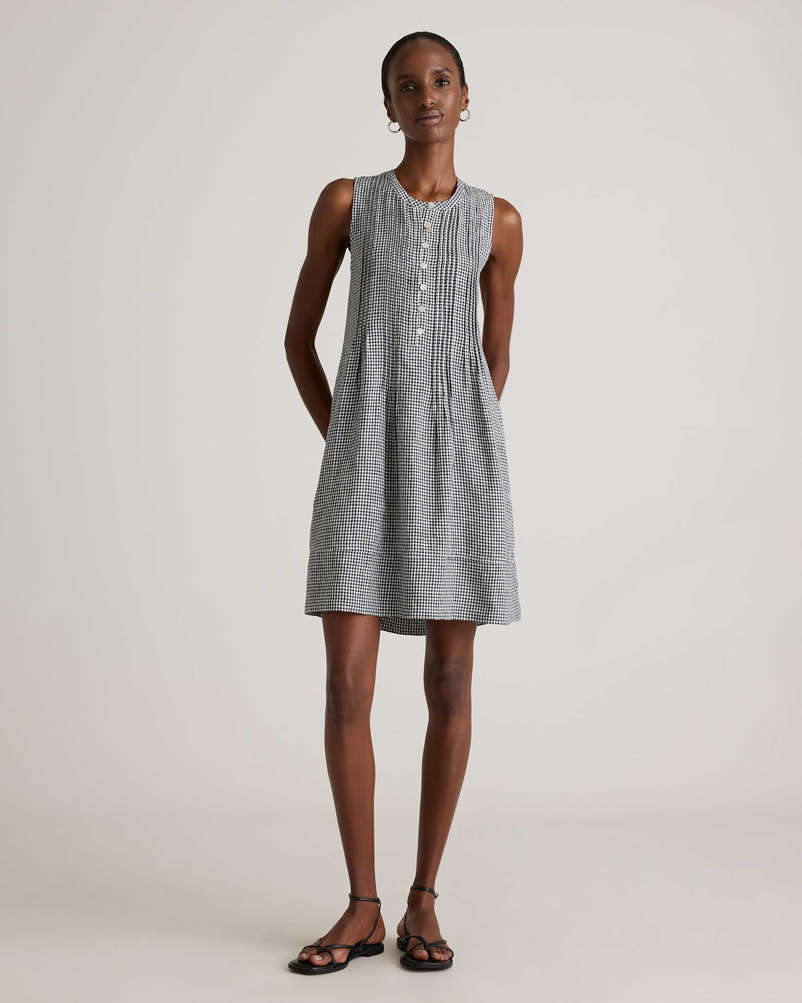 Quince Women's Sleeveless Swing Dress in White, Size Small - 100% European Linen with Pin-Tucking & Pleat Detailing Quince Women's Sleeveless Swing Dress in White, Size Small - 100% European Linen with Pin-Tucking & Pleat Detailing